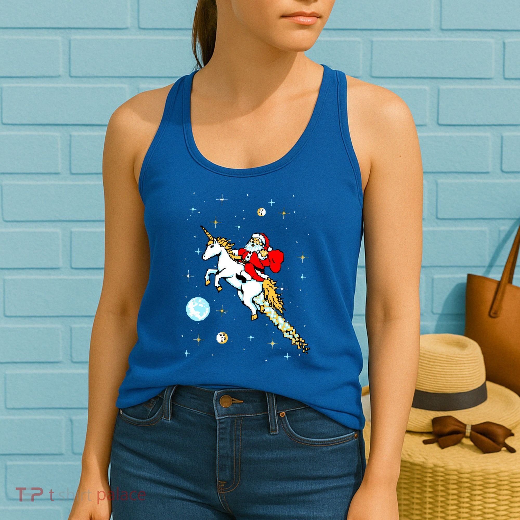 Unicorn Riding Space Pixel Santa Christmas Gift Women's Tank Top