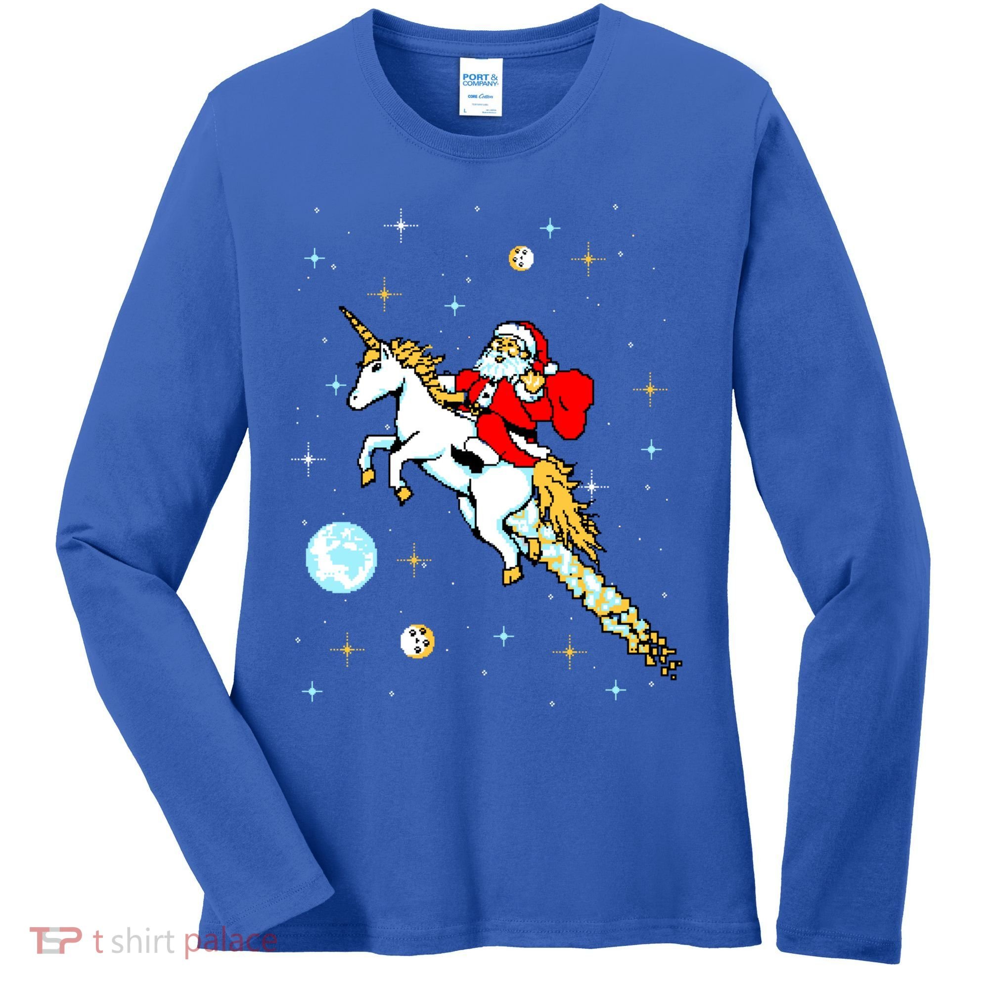 Unicorn Riding Space Pixel Santa Christmas Gift Women's Long Sleeve Shirt