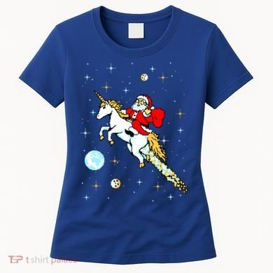 Unicorn Riding Space Pixel Santa Christmas Gift Women's T-Shirt