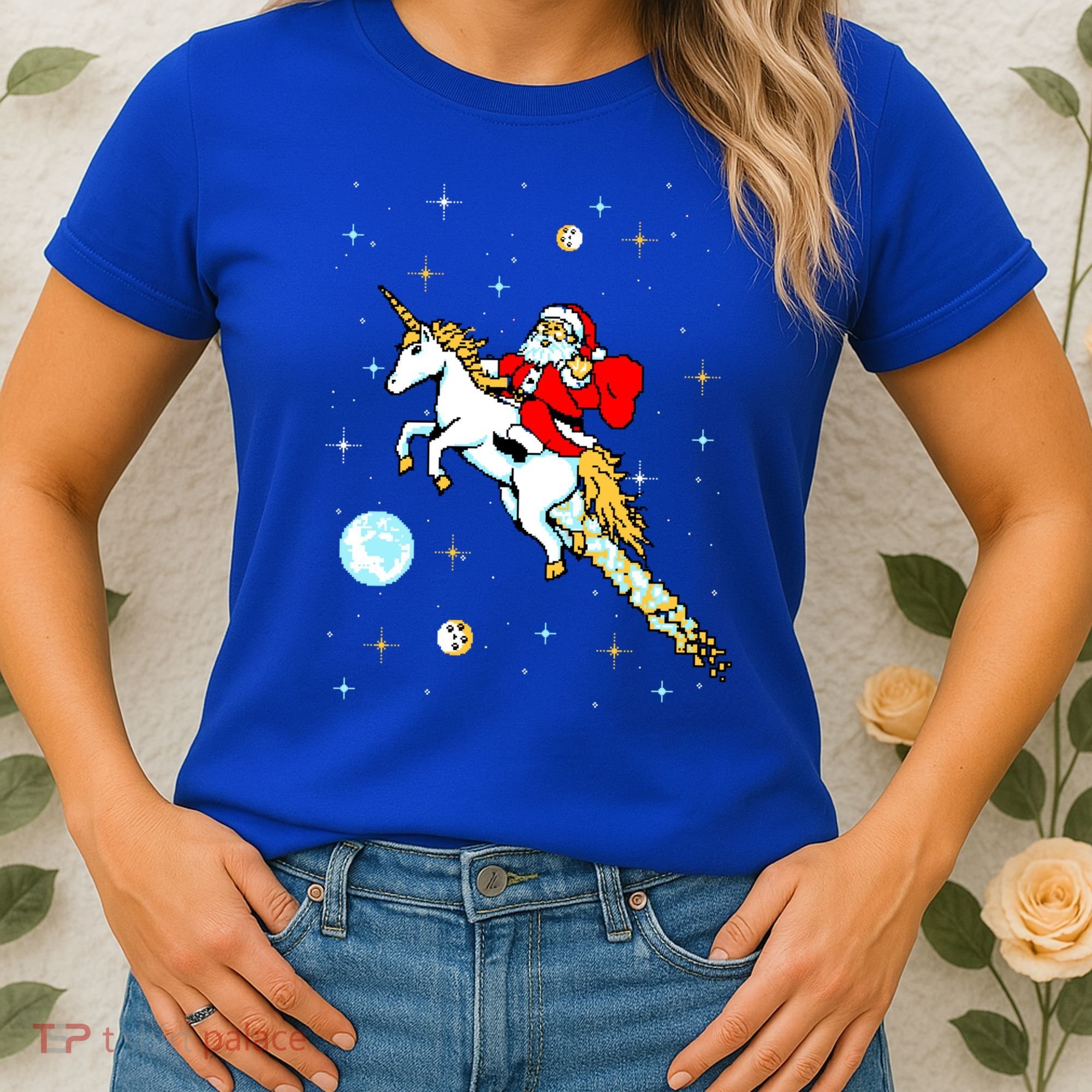 Unicorn Riding Space Pixel Santa Christmas Gift Women's T-Shirt