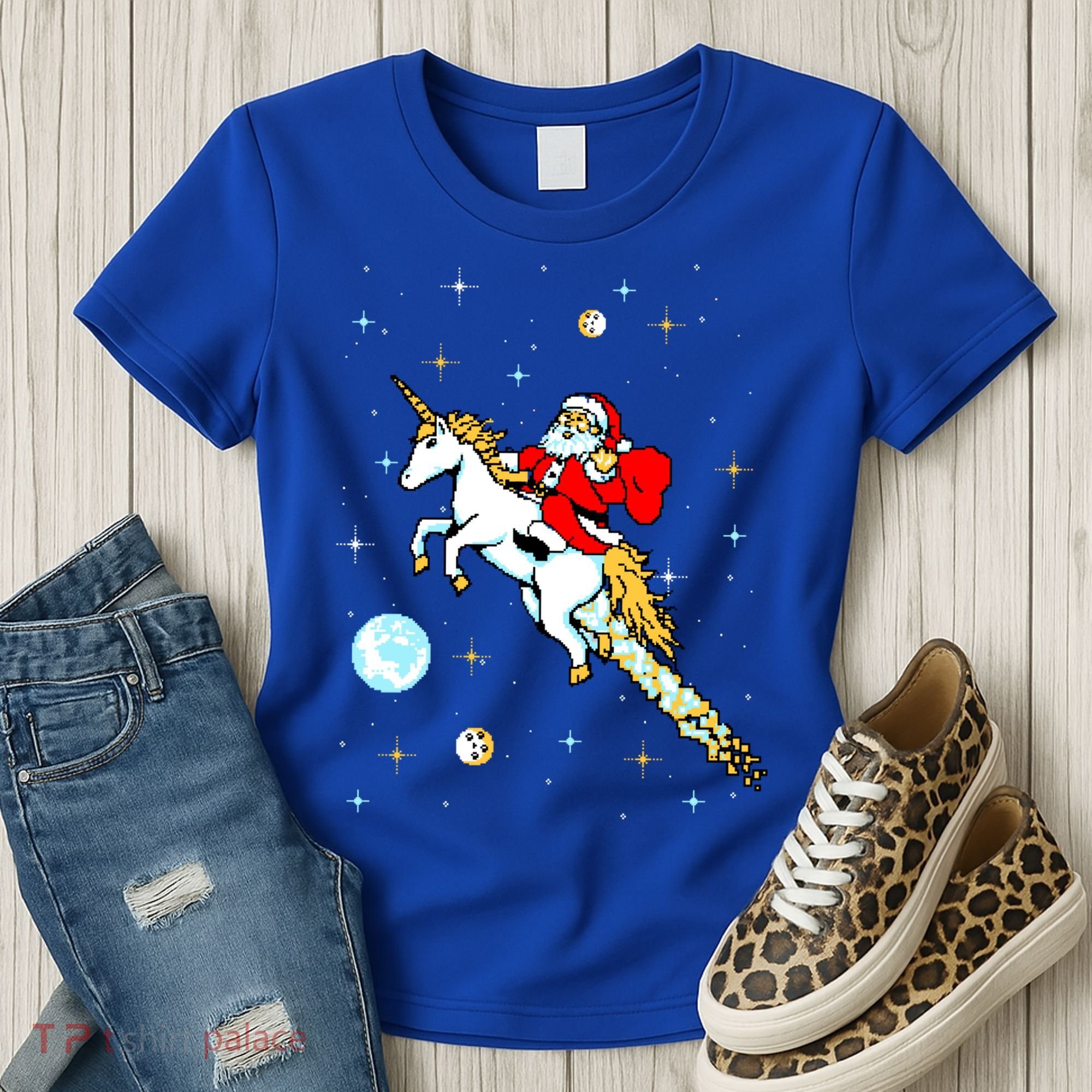 Unicorn Riding Space Pixel Santa Christmas Gift Women's T-Shirt