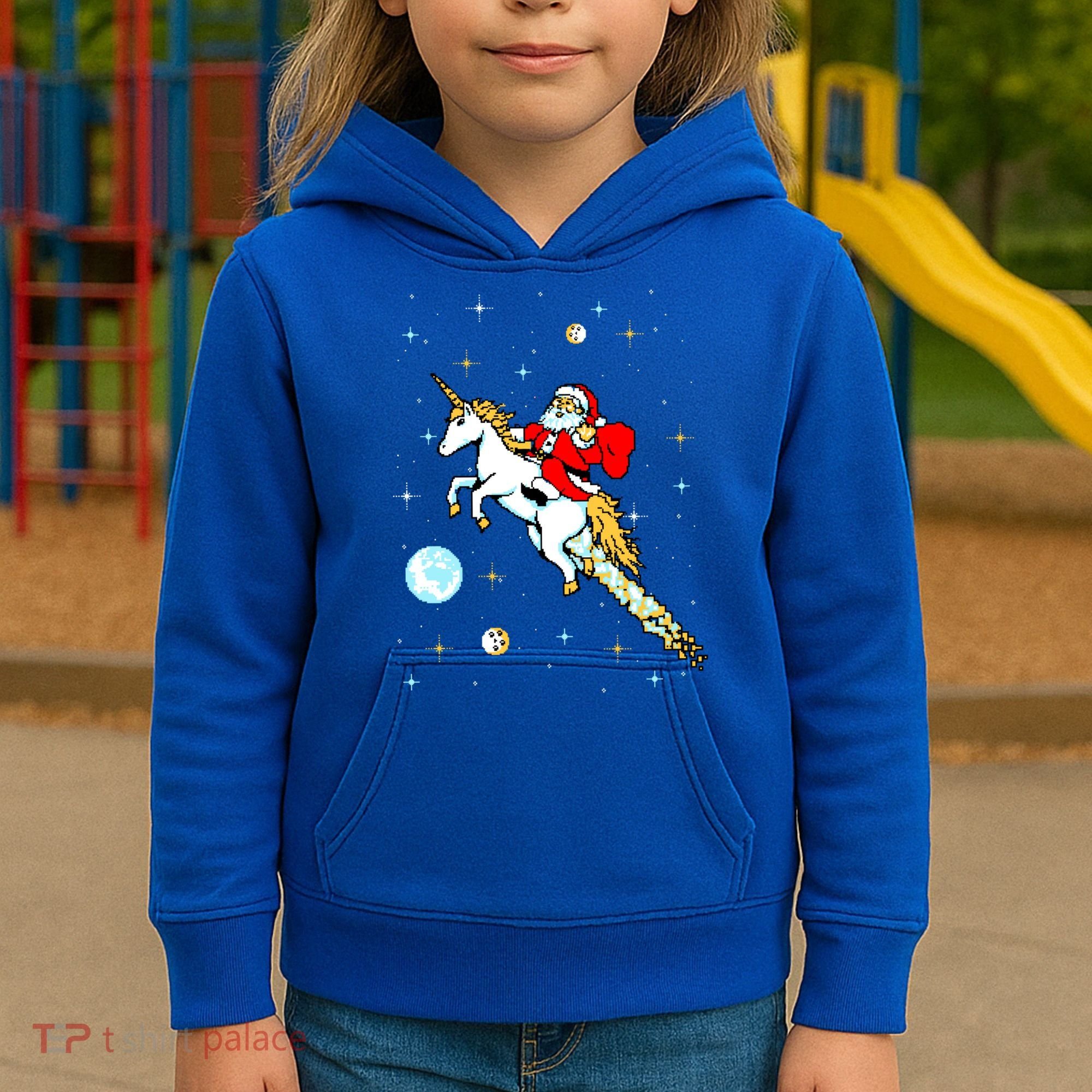 Unicorn Riding Space Pixel Santa Christmas Gift Kids Hoodie