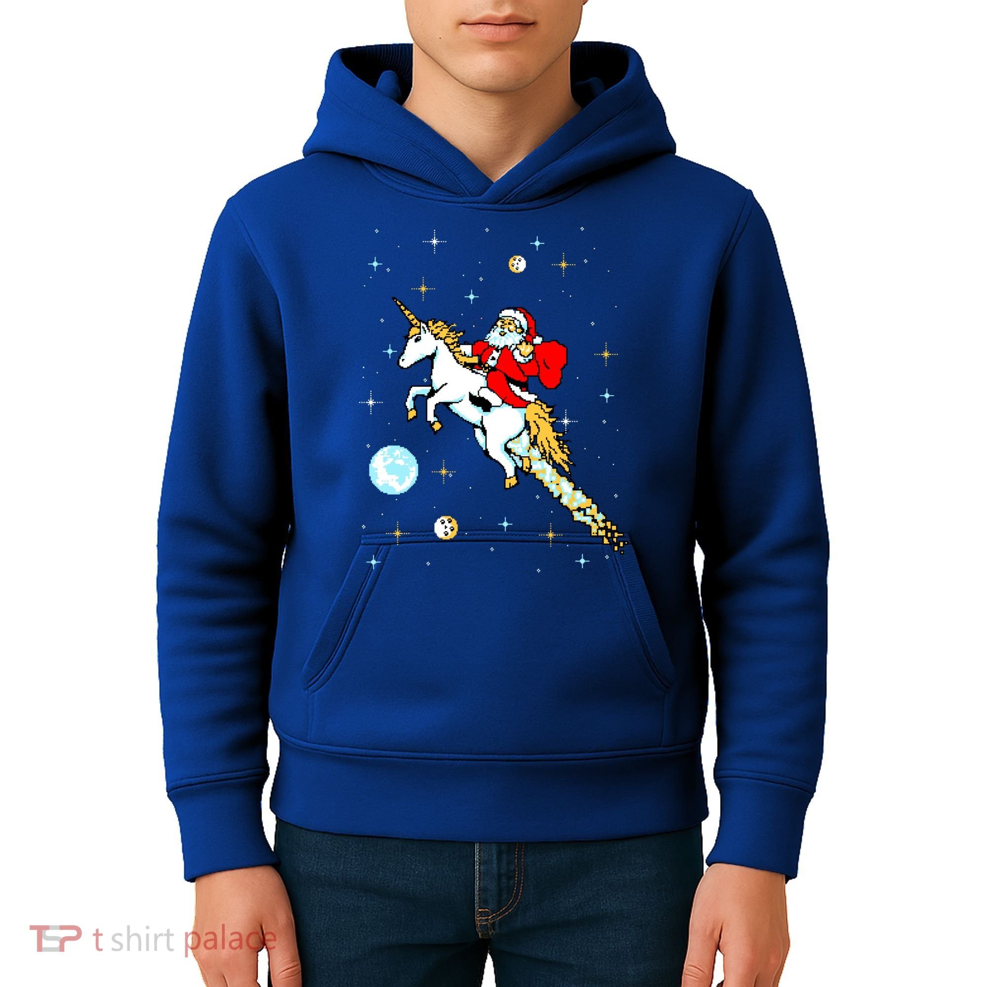 Unicorn Riding Space Pixel Santa Christmas Gift Kids Hoodie