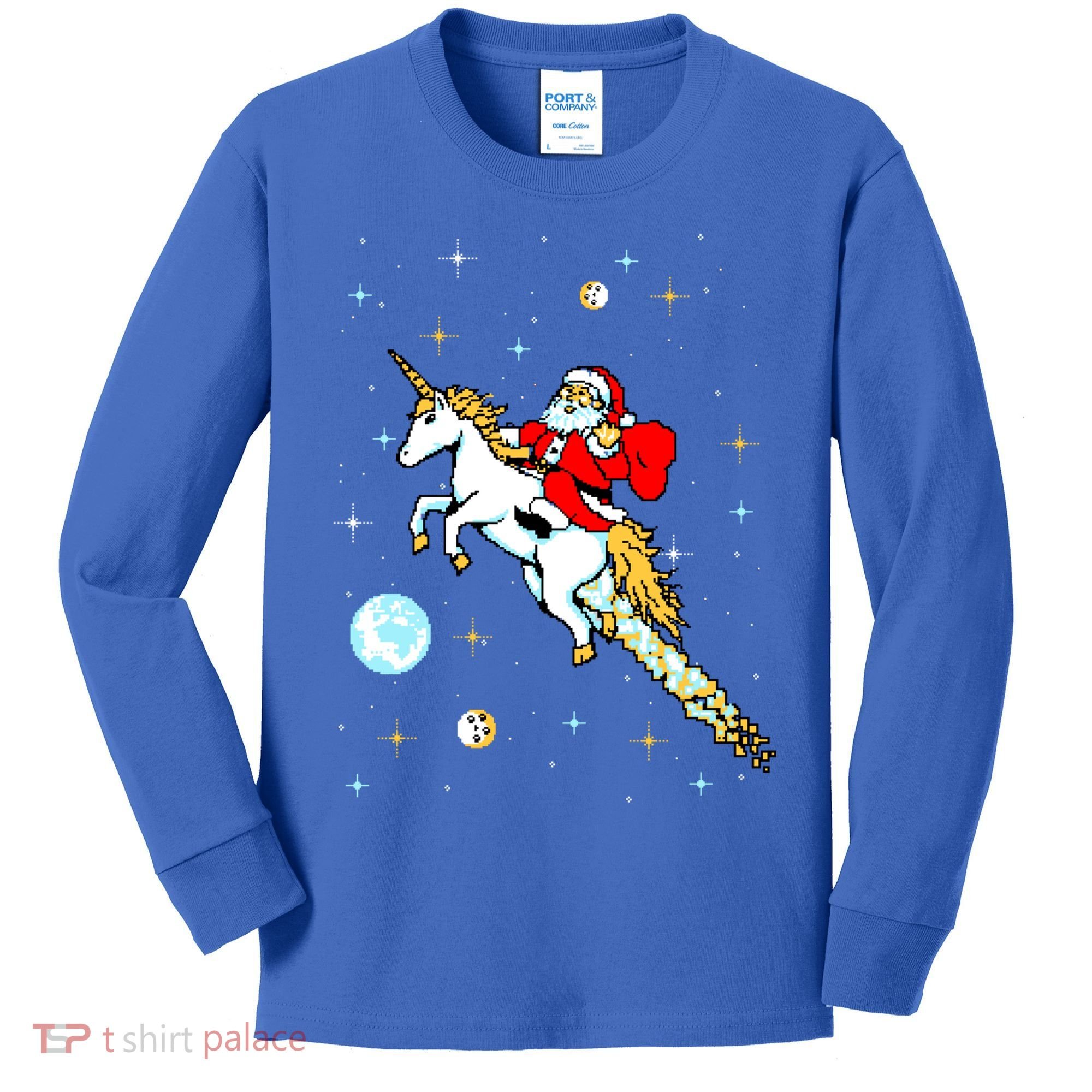Unicorn Riding Space Pixel Santa Christmas Gift Kids Long Sleeve Shirt