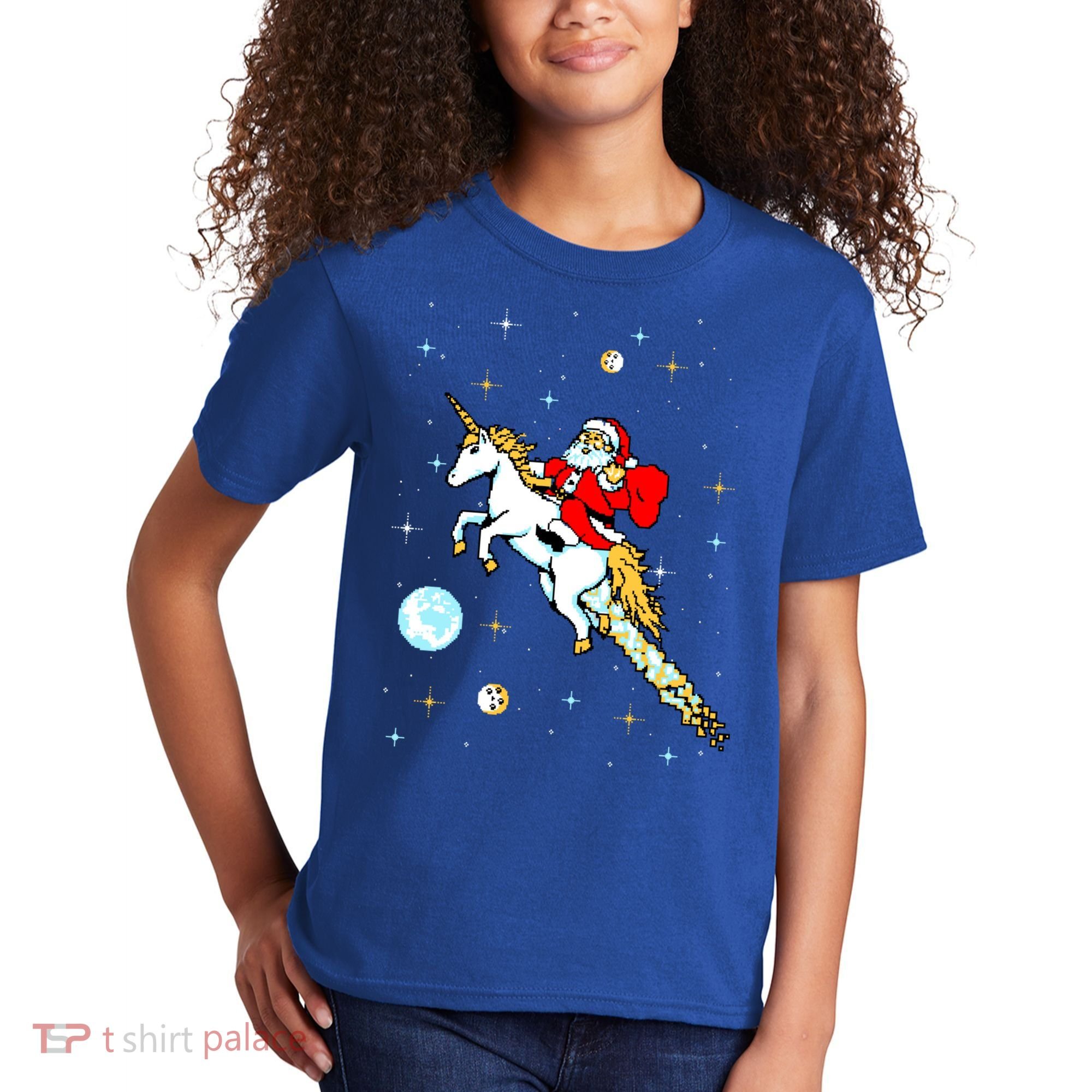 Unicorn Riding Space Pixel Santa Christmas Gift Kids T-Shirt