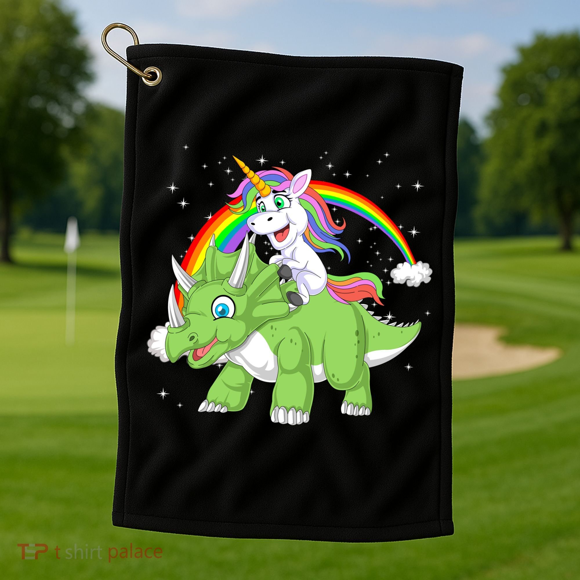 Unicorn Riding Triceratops Dinosaur Golf Towel