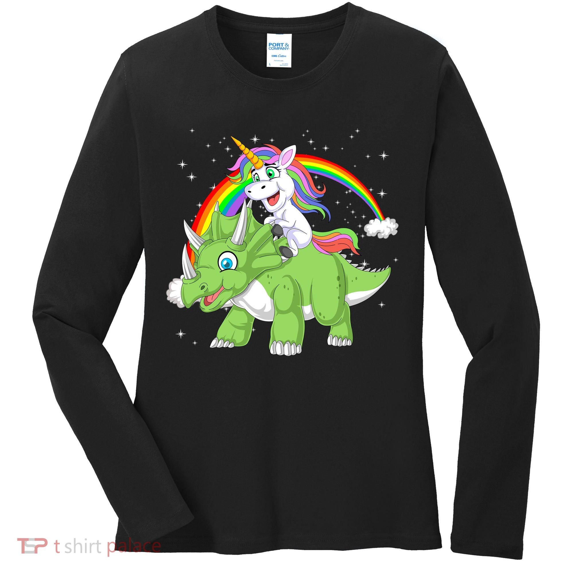Unicorn Riding Triceratops Dinosaur Women's Long Sleeve Shirt