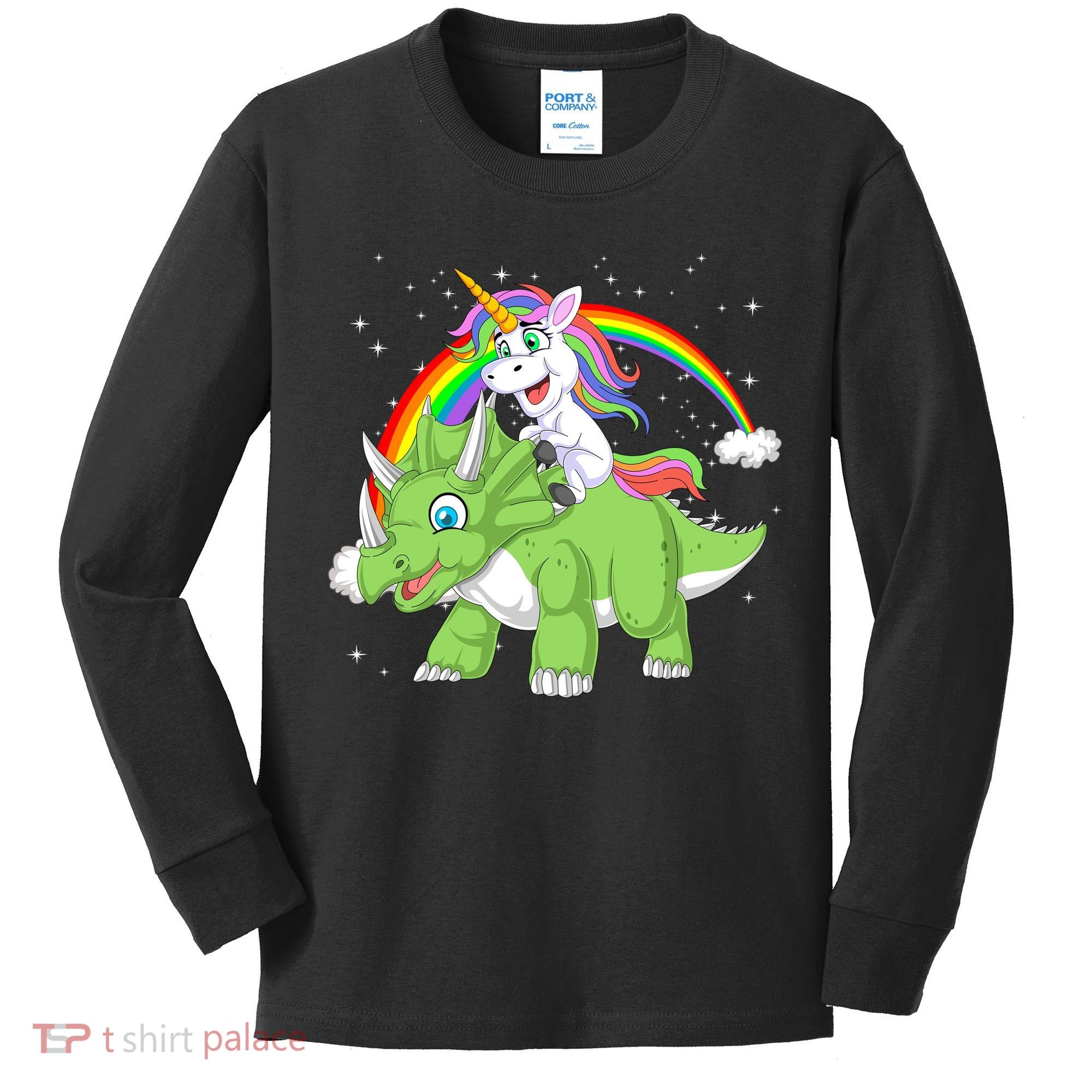 Unicorn Riding Triceratops Dinosaur Kids Long Sleeve Shirt