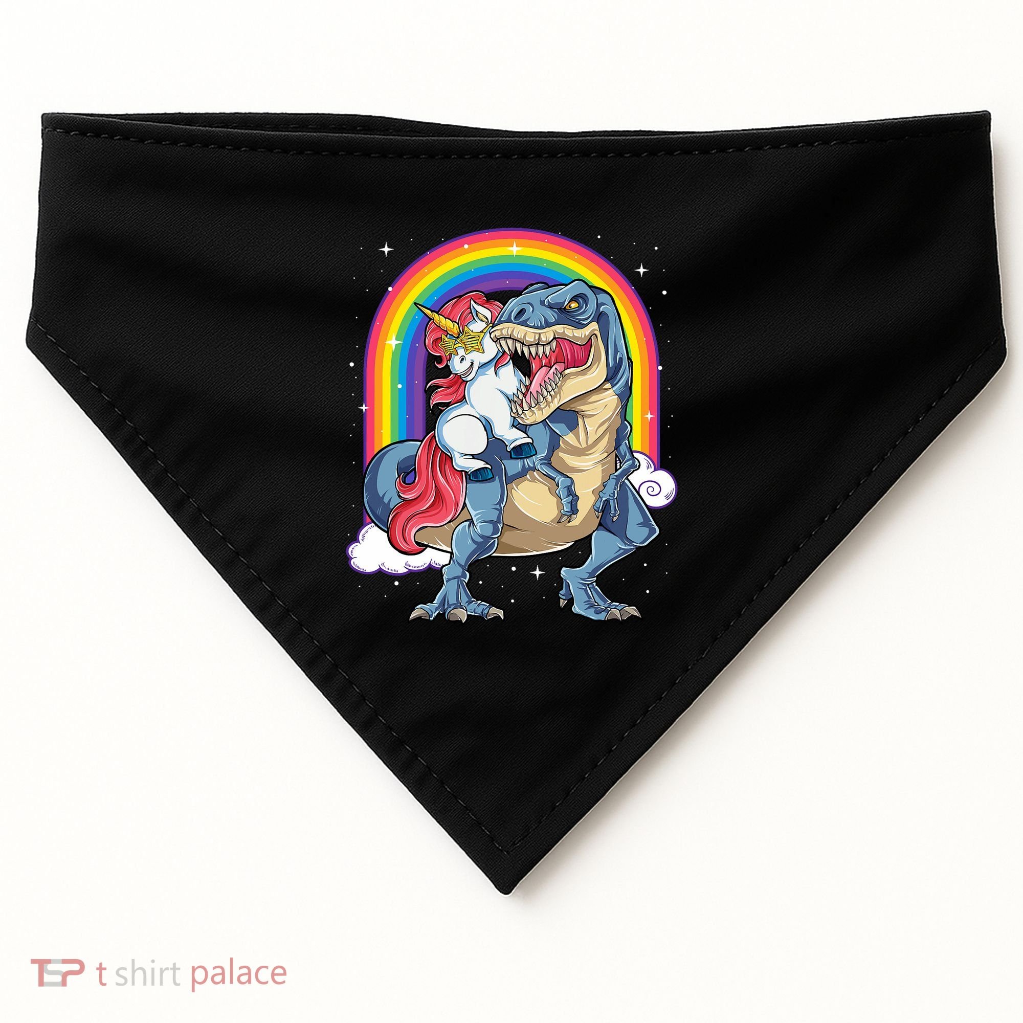 Unicorn Riding T Rex Dinosaur Rainbow USA-Made Doggie Bandana