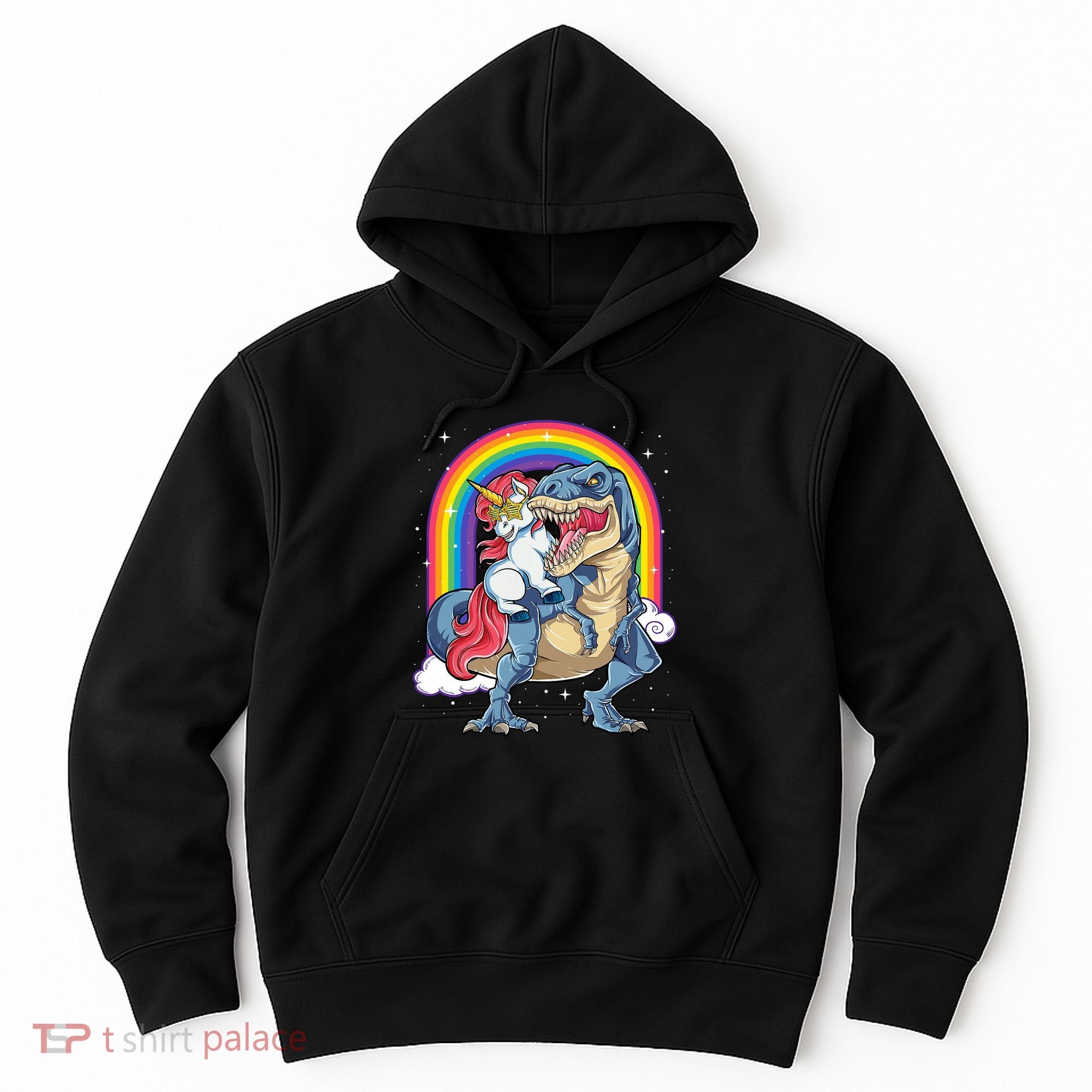 Unicorn Riding T Rex Dinosaur Rainbow Hoodie