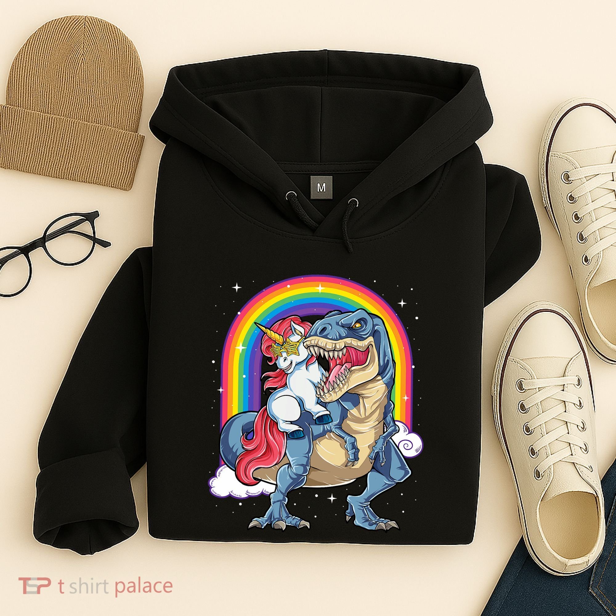 Unicorn Riding T Rex Dinosaur Rainbow Hoodie