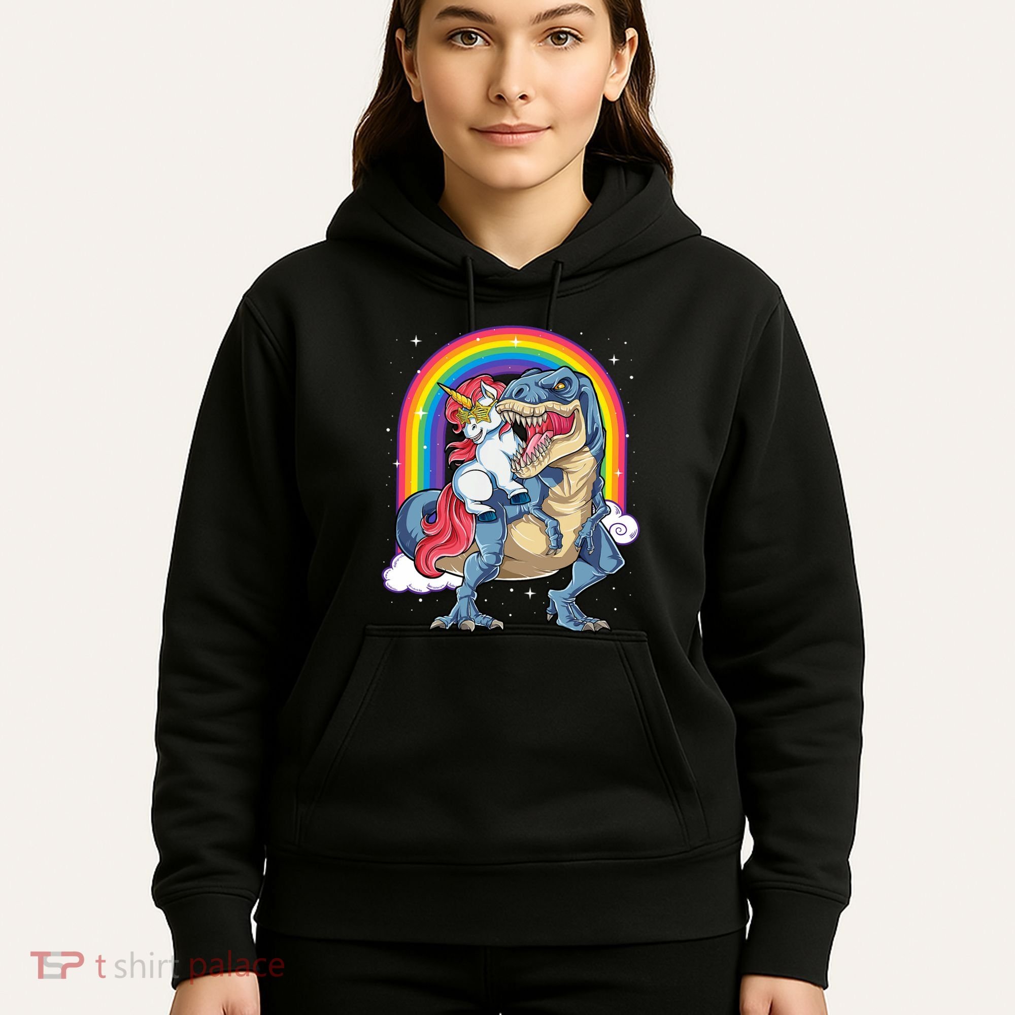 Unicorn Riding T Rex Dinosaur Rainbow Hoodie