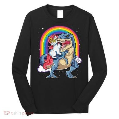 Unicorn Riding T Rex Dinosaur Rainbow Long Sleeve Shirt
