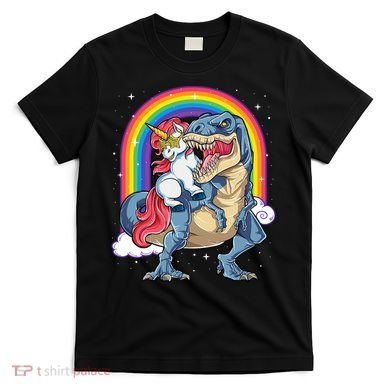 Unicorn Riding T Rex Dinosaur Rainbow T-Shirt