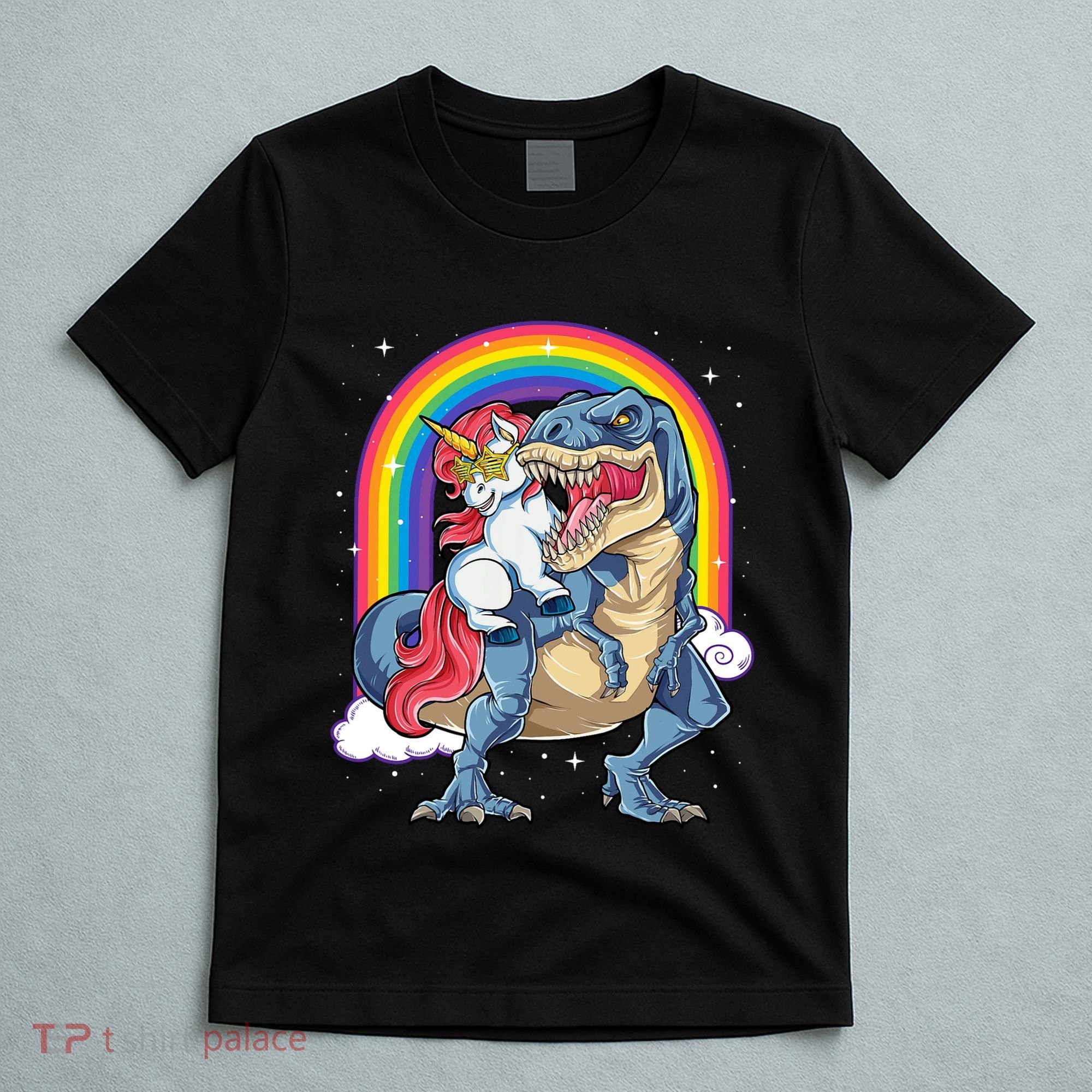 Unicorn Riding T Rex Dinosaur Rainbow T-Shirt