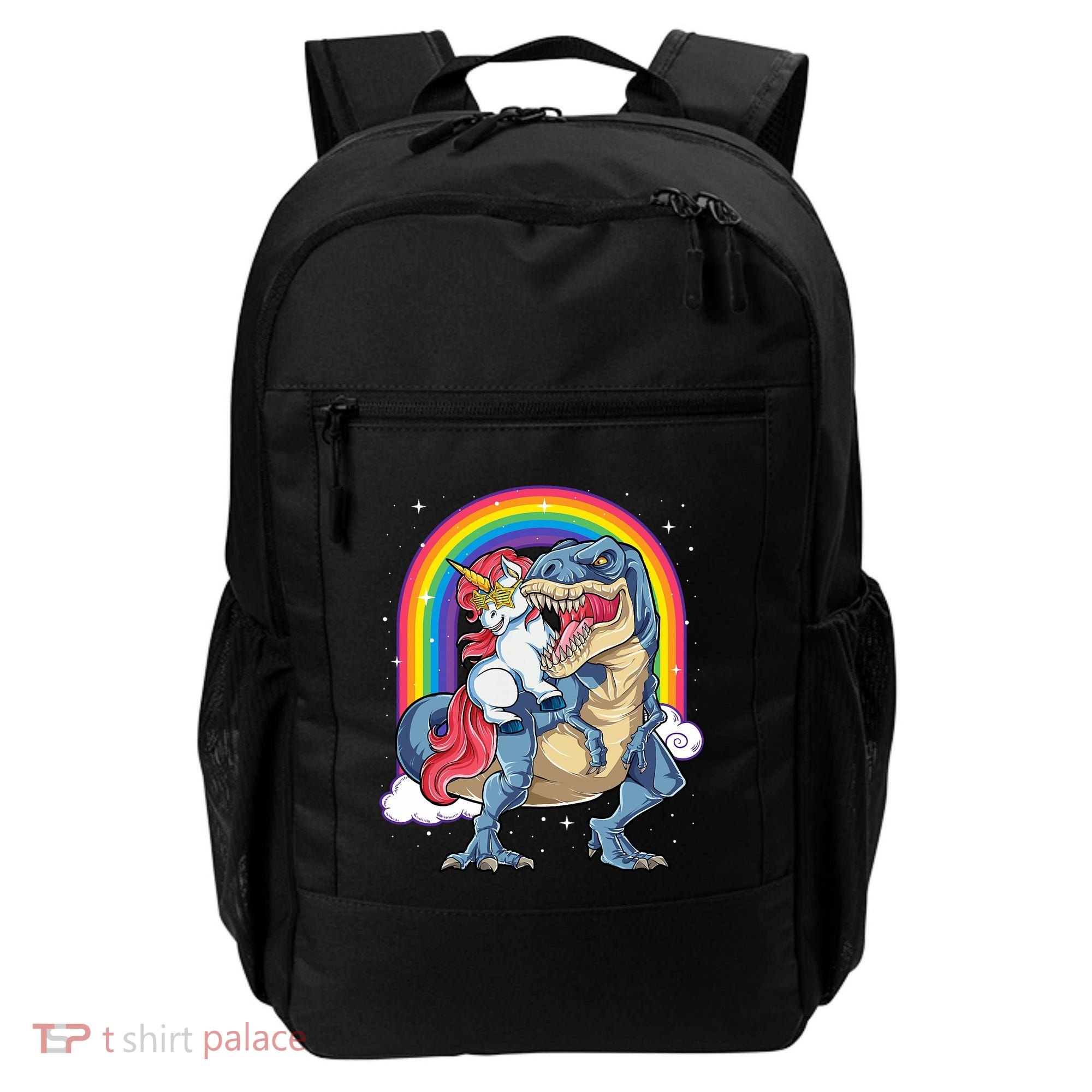 Unicorn Riding T Rex Dinosaur Rainbow Backpack