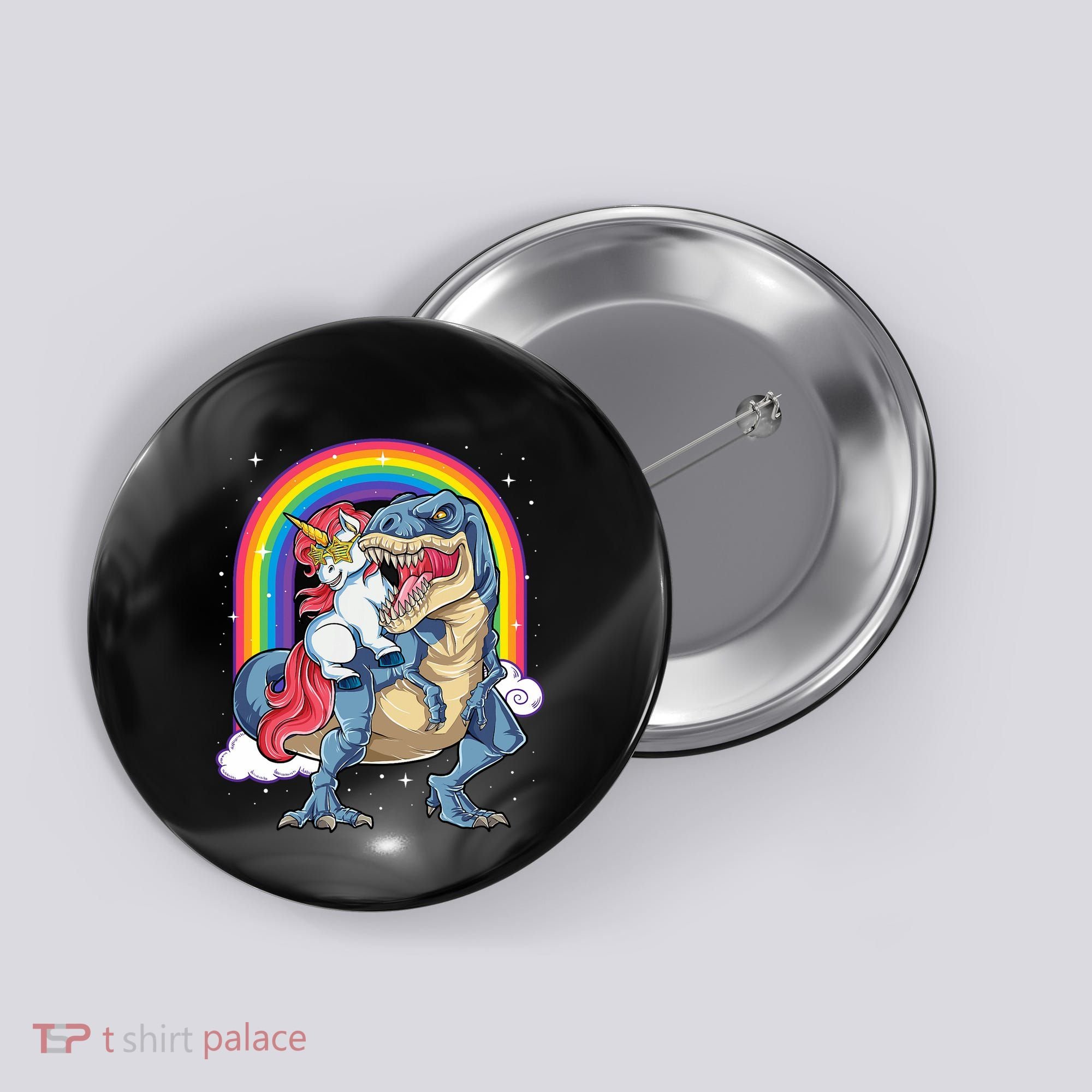 Unicorn Riding T Rex Dinosaur Rainbow Button