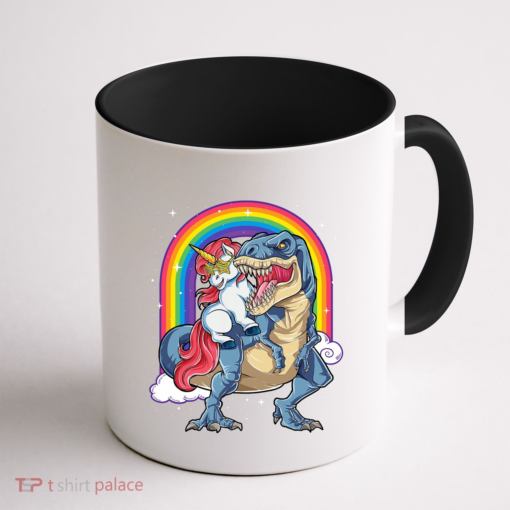 Unicorn Riding T Rex Dinosaur Rainbow Coffee Mug