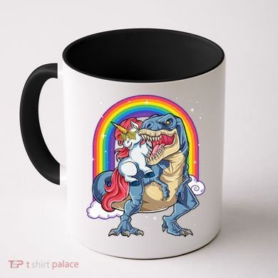 Unicorn Riding T Rex Dinosaur Rainbow Coffee Mug