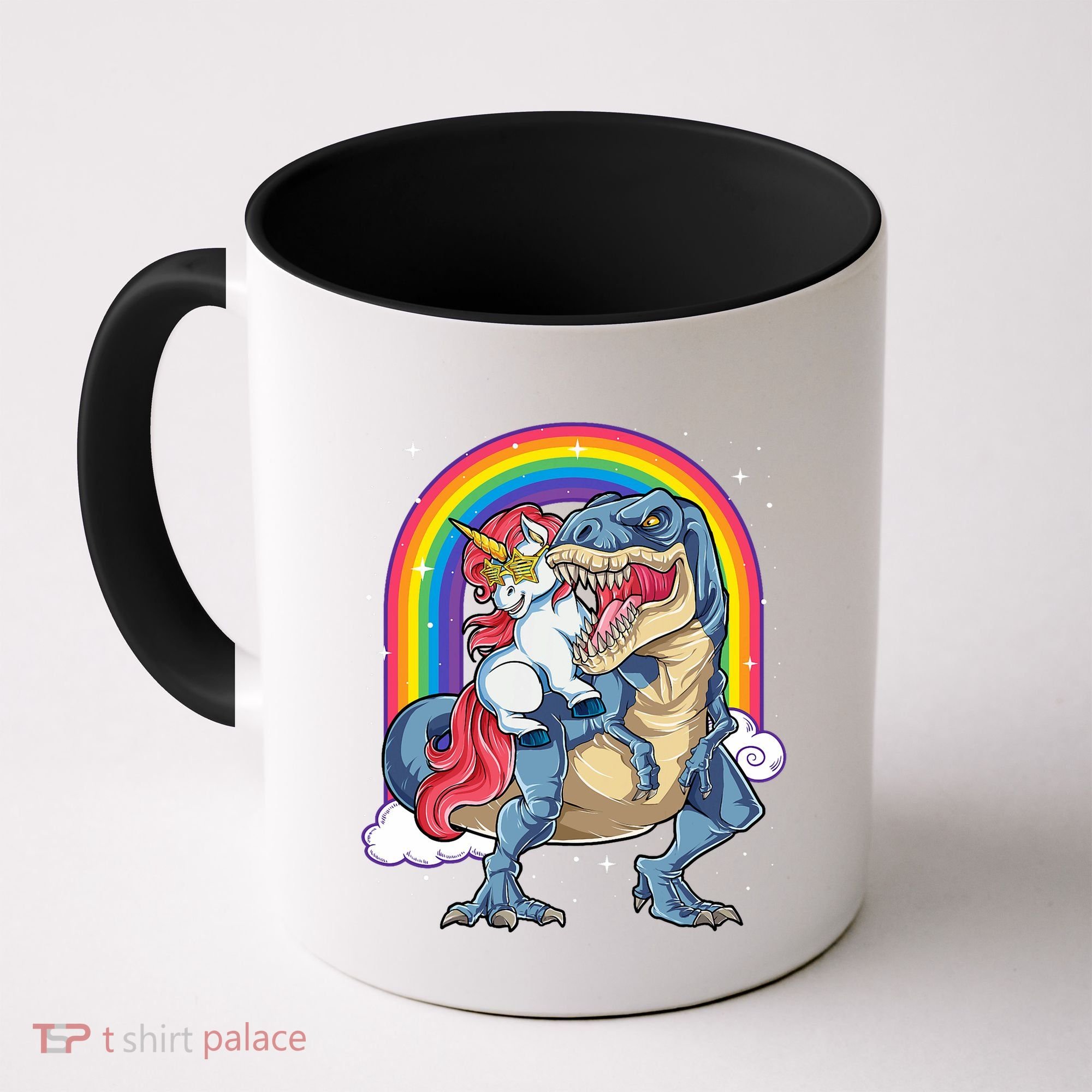 Unicorn Riding T Rex Dinosaur Rainbow Coffee Mug