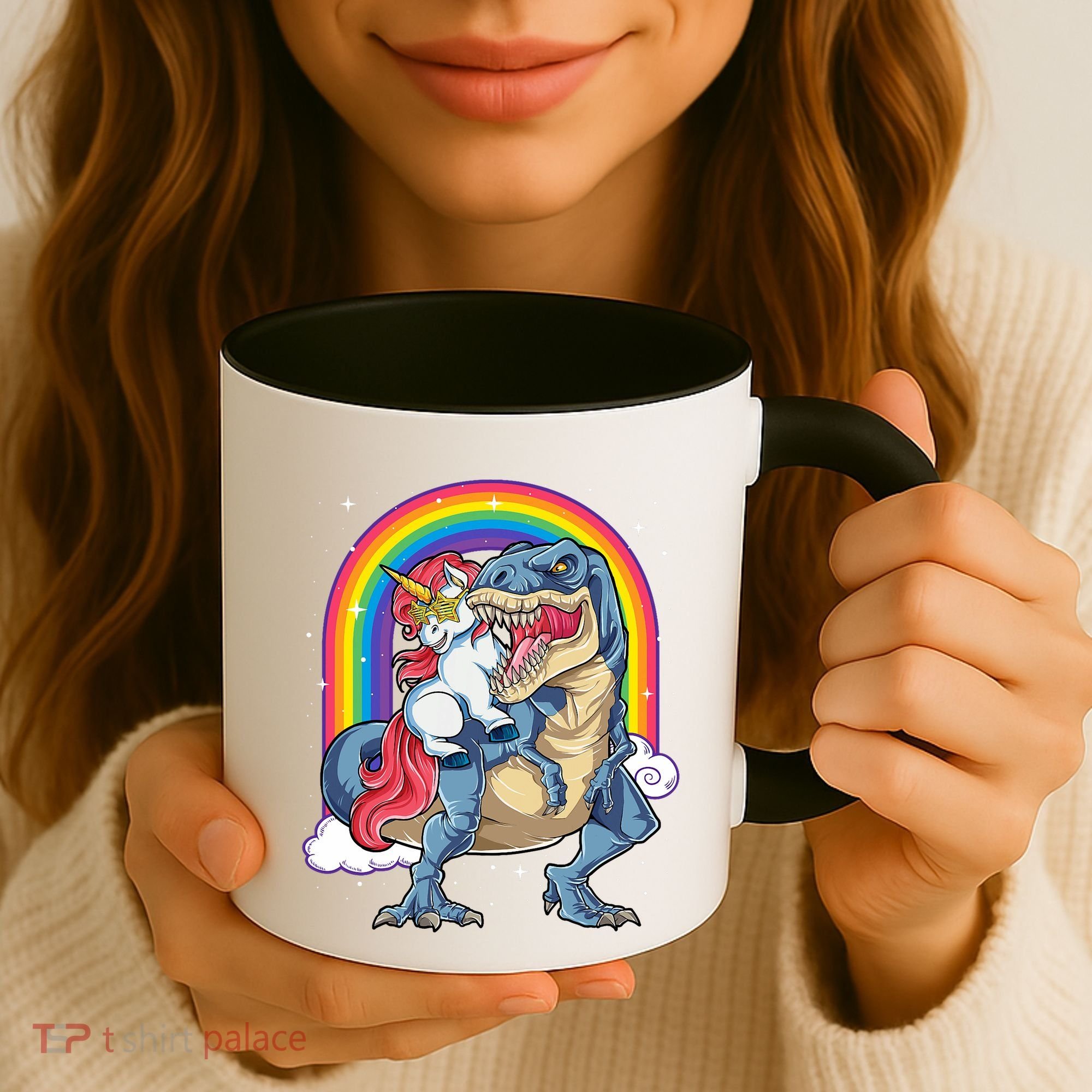 Unicorn Riding T Rex Dinosaur Rainbow Coffee Mug