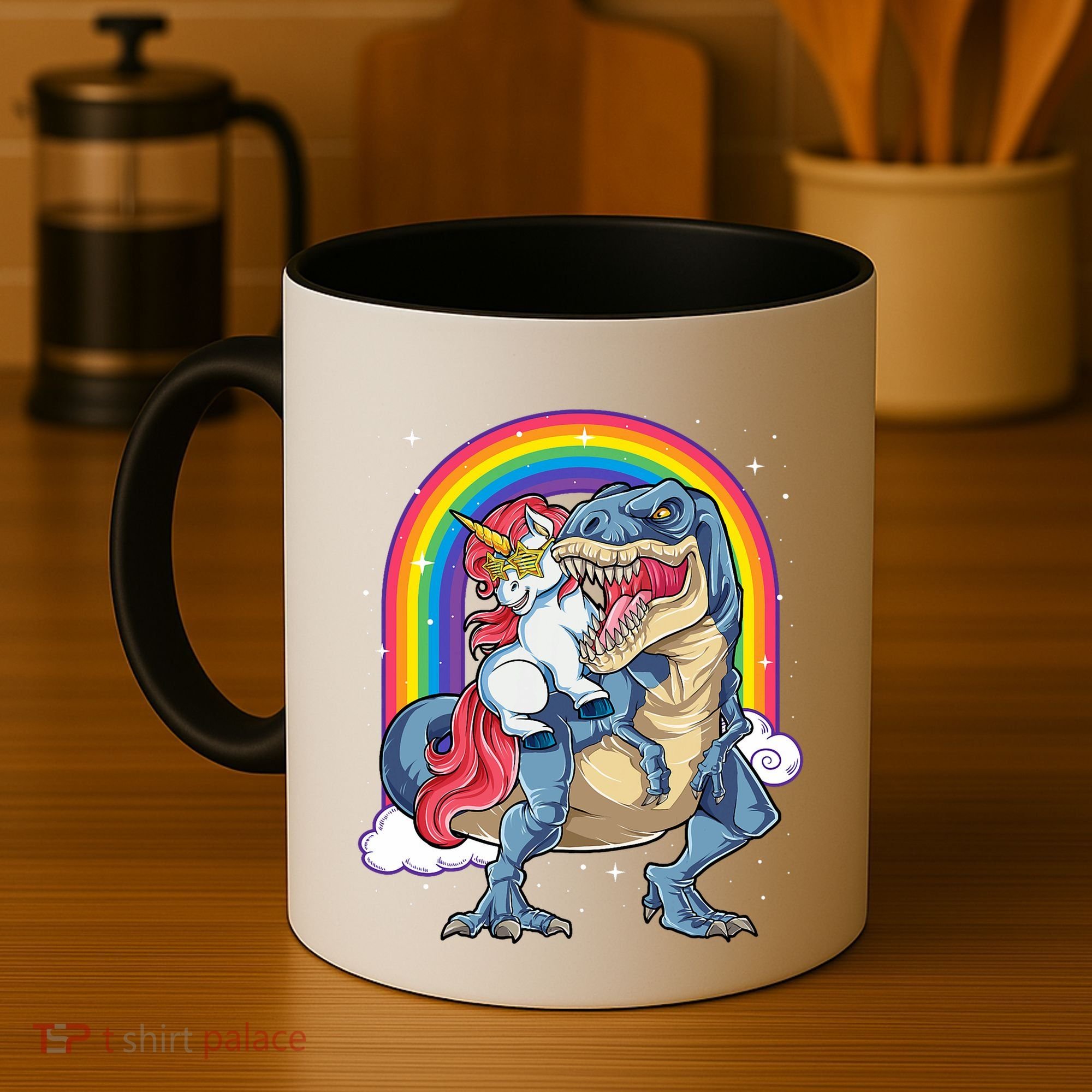 Unicorn Riding T Rex Dinosaur Rainbow Coffee Mug