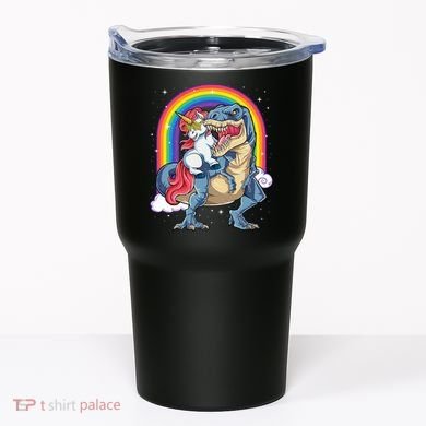 Unicorn Riding T Rex Dinosaur Rainbow Tumbler