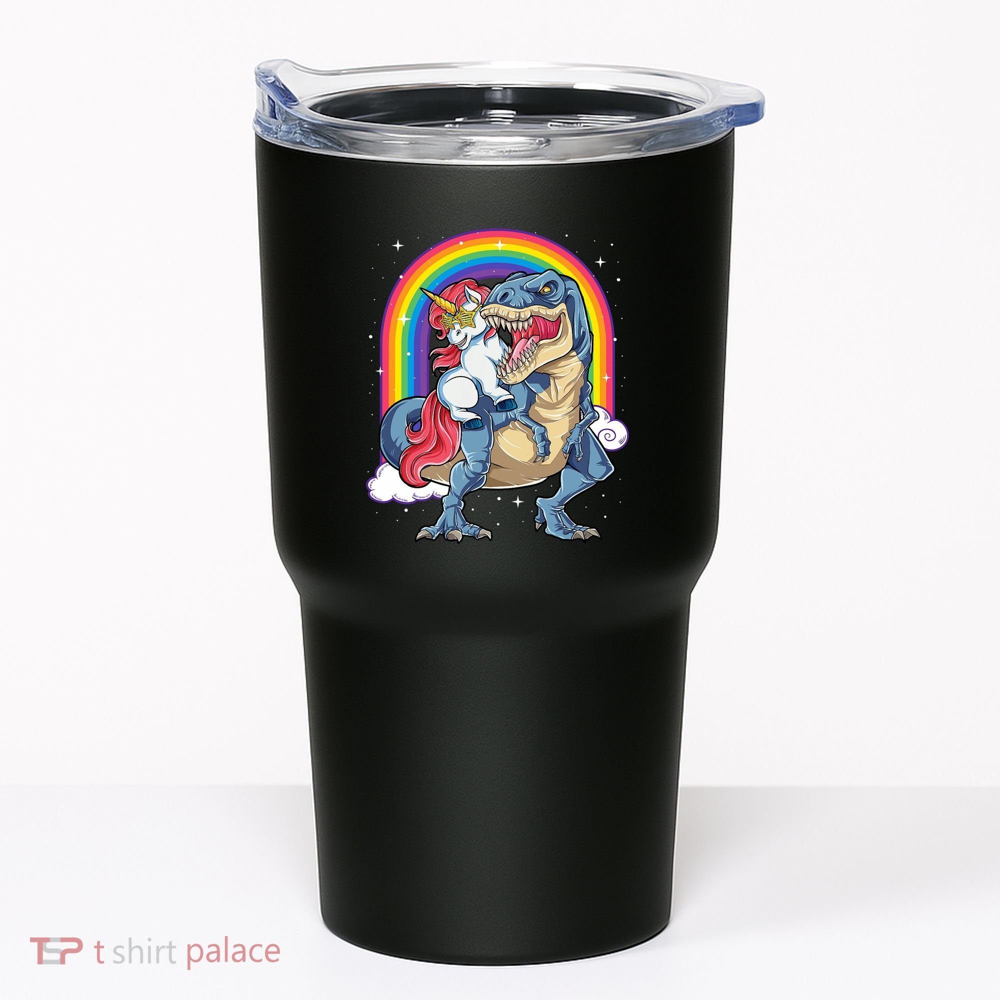 Unicorn Riding T Rex Dinosaur Rainbow Tumbler