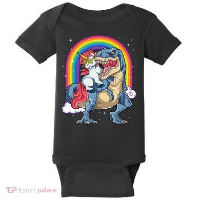 Unicorn Riding T Rex Dinosaur Rainbow Baby Bodysuit