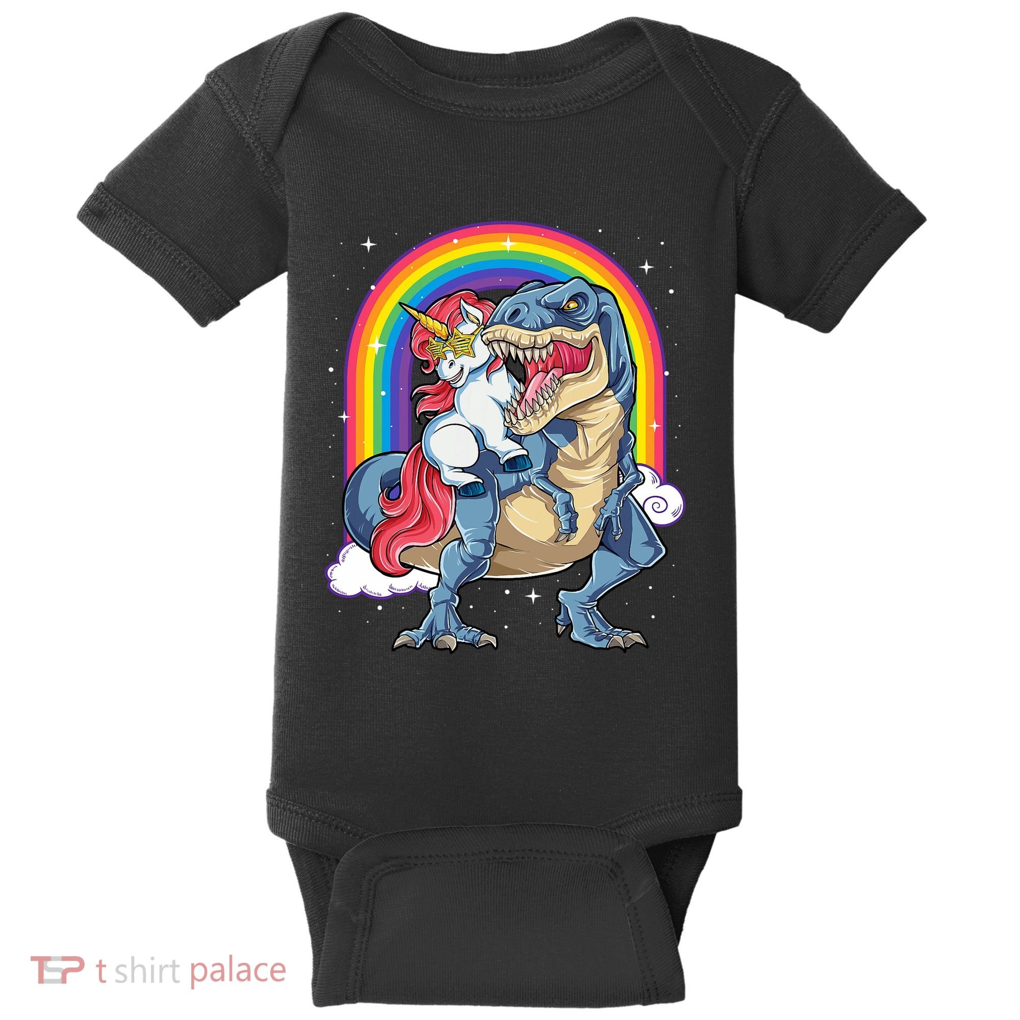 Unicorn Riding T Rex Dinosaur Rainbow Baby Bodysuit