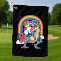 Unicorn Riding T Rex Dinosaur Rainbow Golf Towel thumb 1