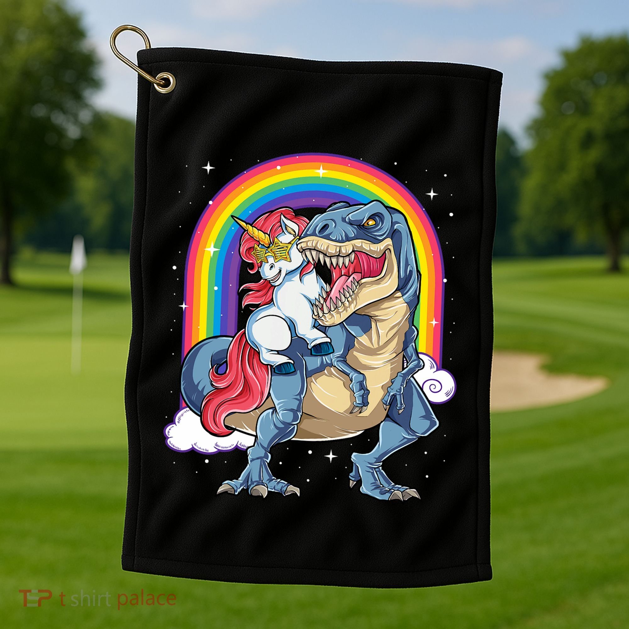 Unicorn Riding T Rex Dinosaur Rainbow Golf Towel