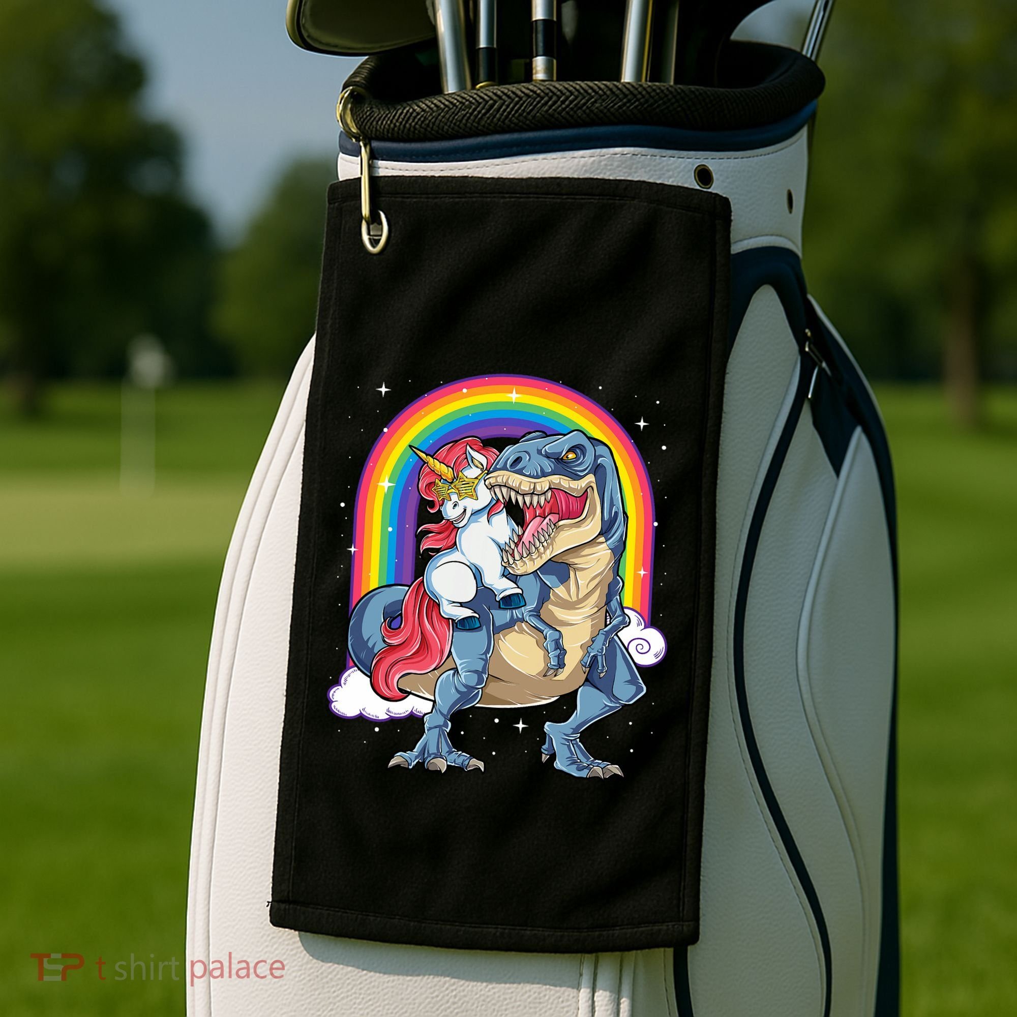 Unicorn Riding T Rex Dinosaur Rainbow Golf Towel