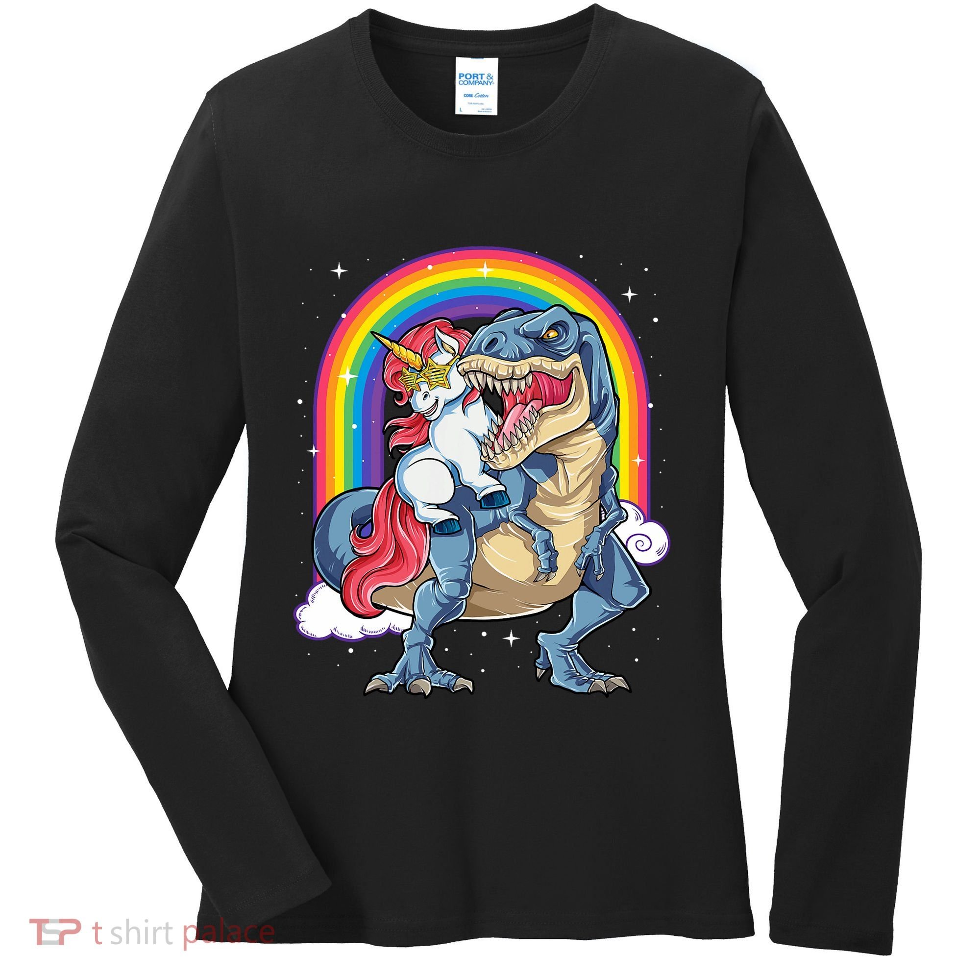 Unicorn Riding T Rex Dinosaur Rainbow Women's Long Sleeve Shirt