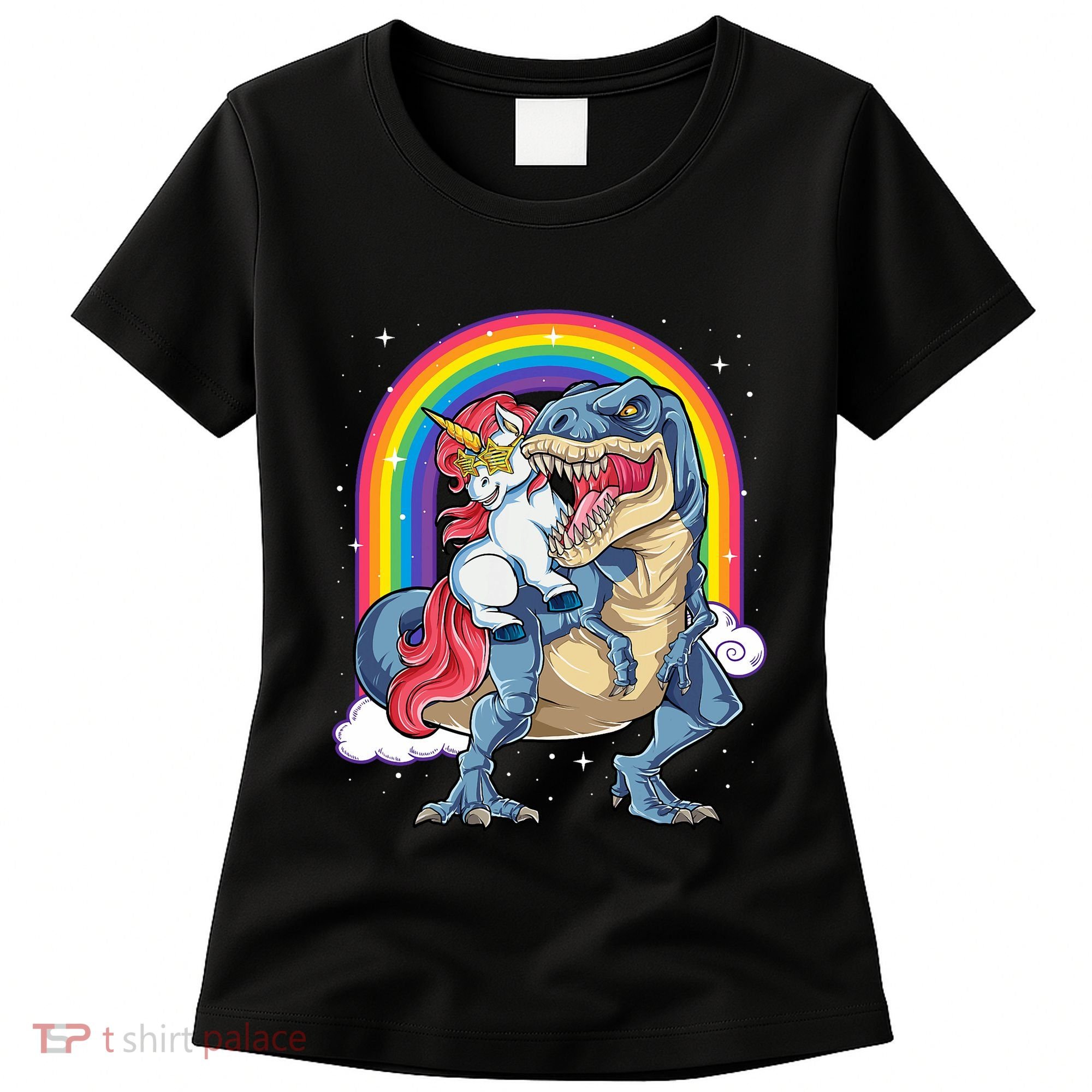 Unicorn Riding T Rex Dinosaur Rainbow Women's T-Shirt