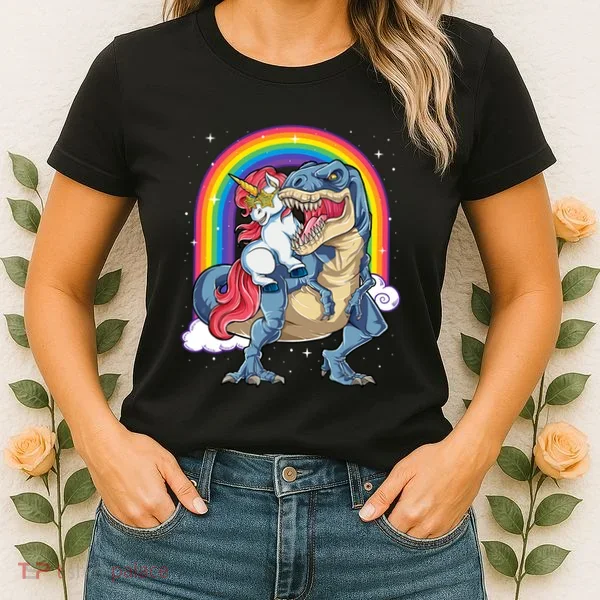 Unicorn Riding T Rex Dinosaur Rainbow Women's T-Shirt