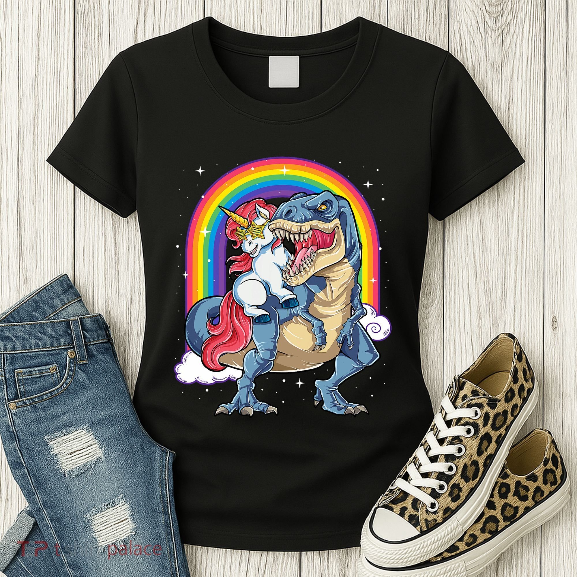 Unicorn Riding T Rex Dinosaur Rainbow Women's T-Shirt