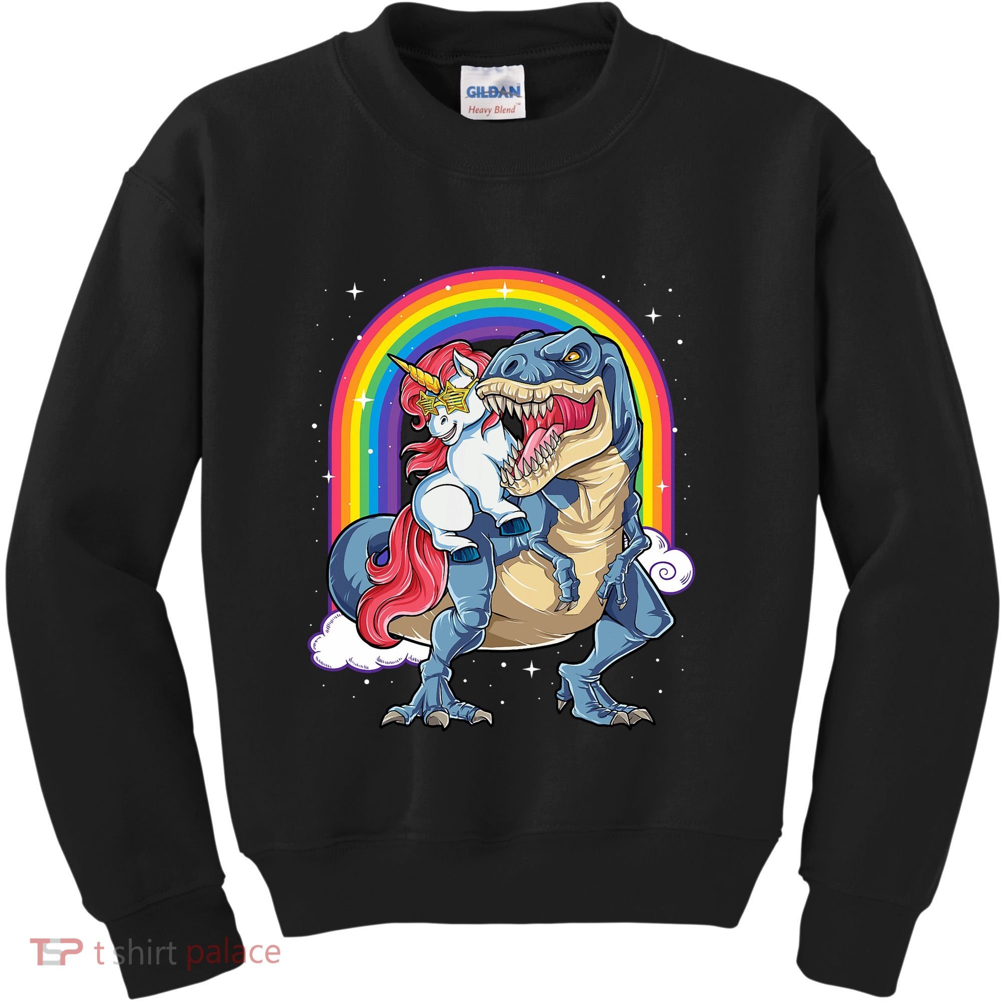 Unicorn Riding T Rex Dinosaur Rainbow Kids Sweatshirt