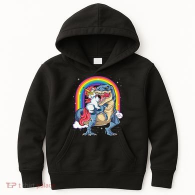 Unicorn Riding T Rex Dinosaur Rainbow Kids Hoodie