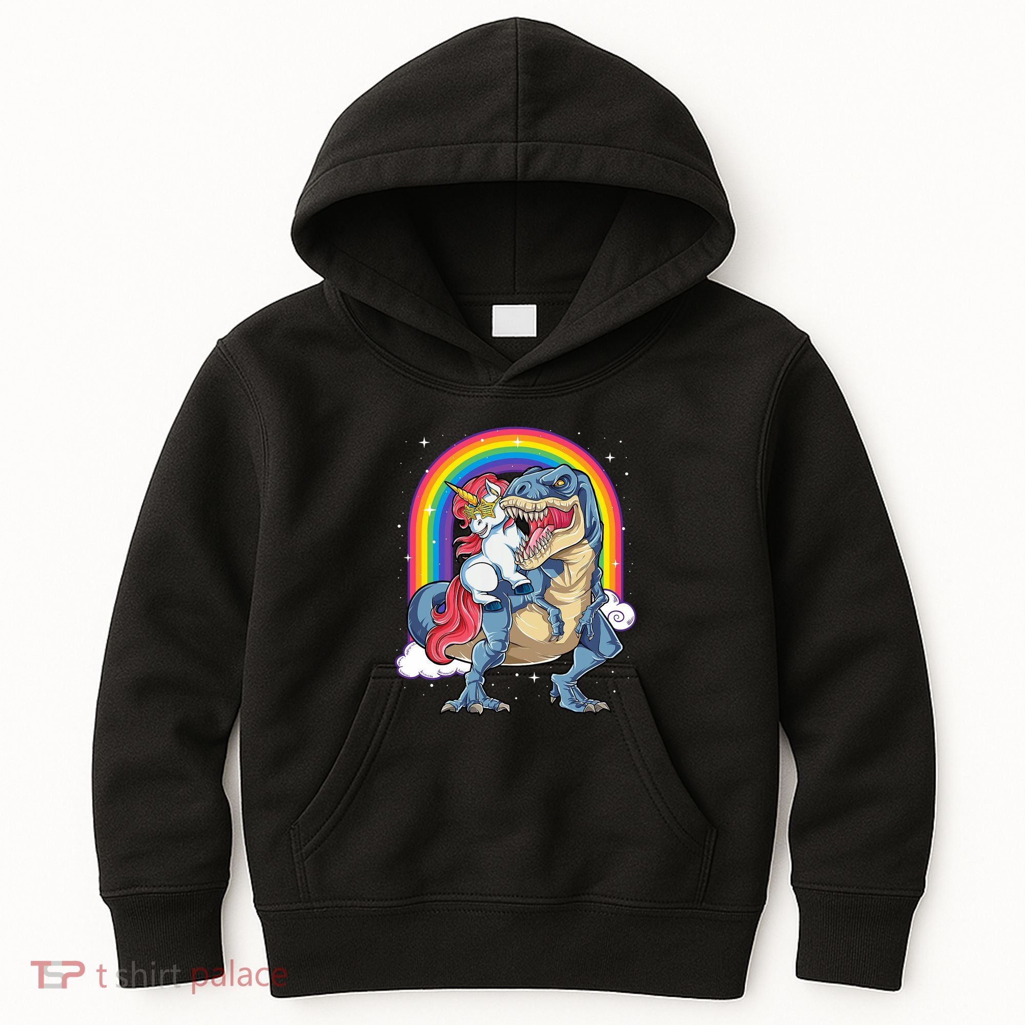Unicorn Riding T Rex Dinosaur Rainbow Kids Hoodie