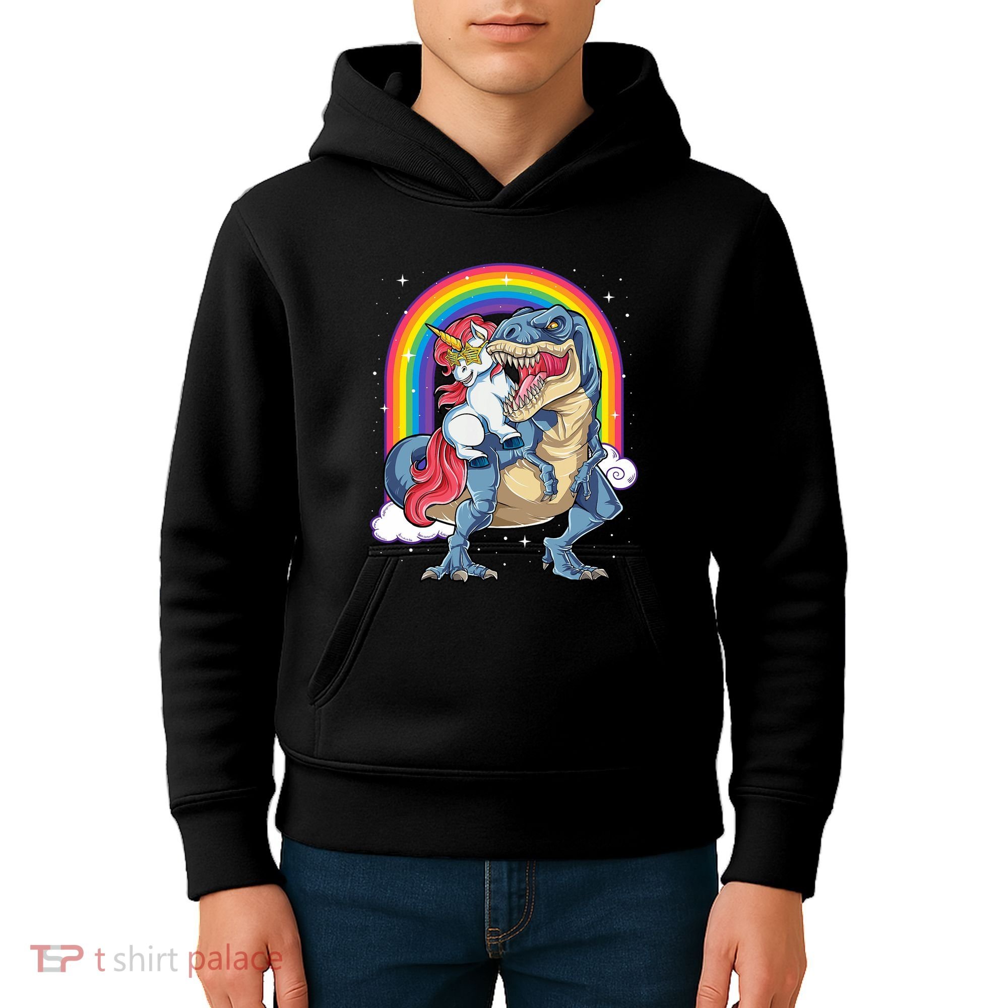 Unicorn Riding T Rex Dinosaur Rainbow Kids Hoodie