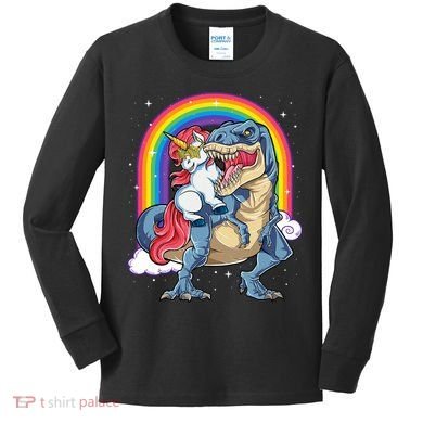 Unicorn Riding T Rex Dinosaur Rainbow Kids Long Sleeve Shirt