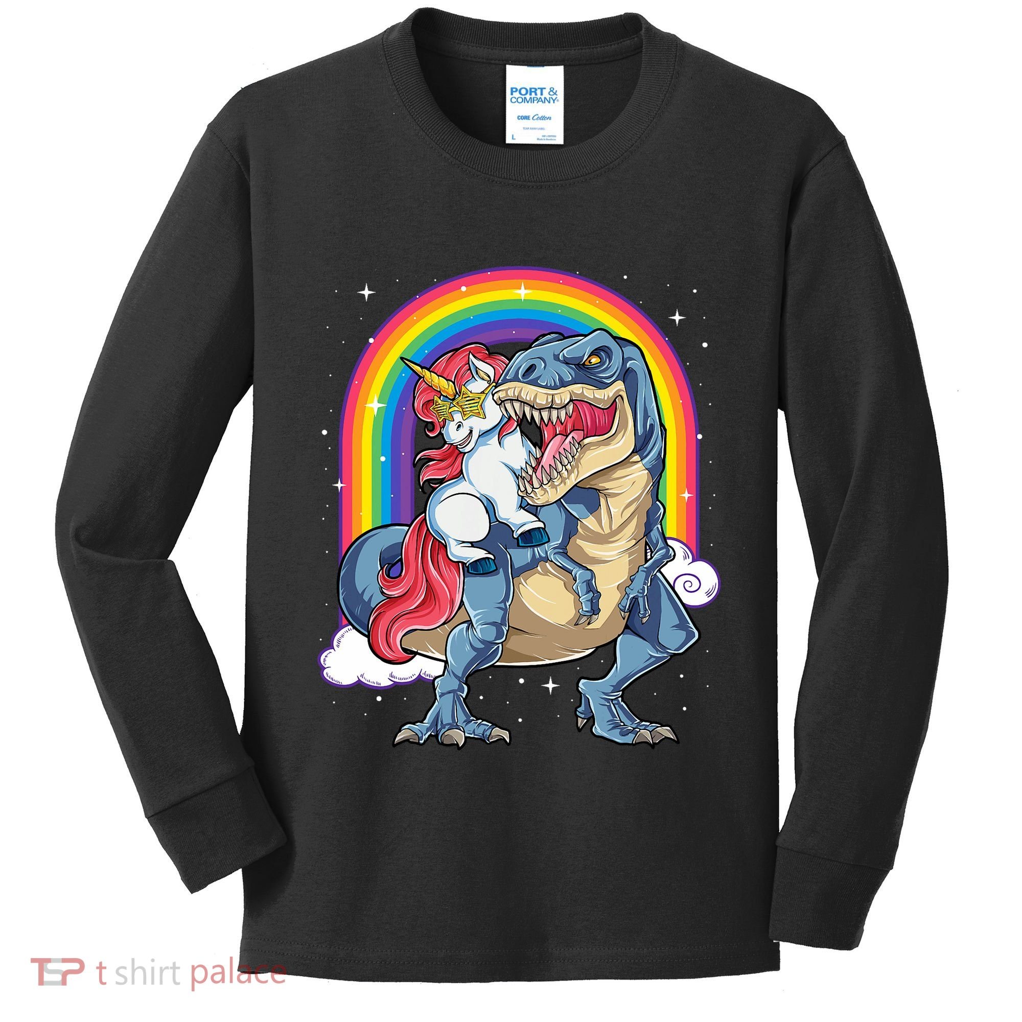 Unicorn Riding T Rex Dinosaur Rainbow Kids Long Sleeve Shirt