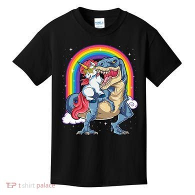 Unicorn Riding T Rex Dinosaur Rainbow Kids T-Shirt