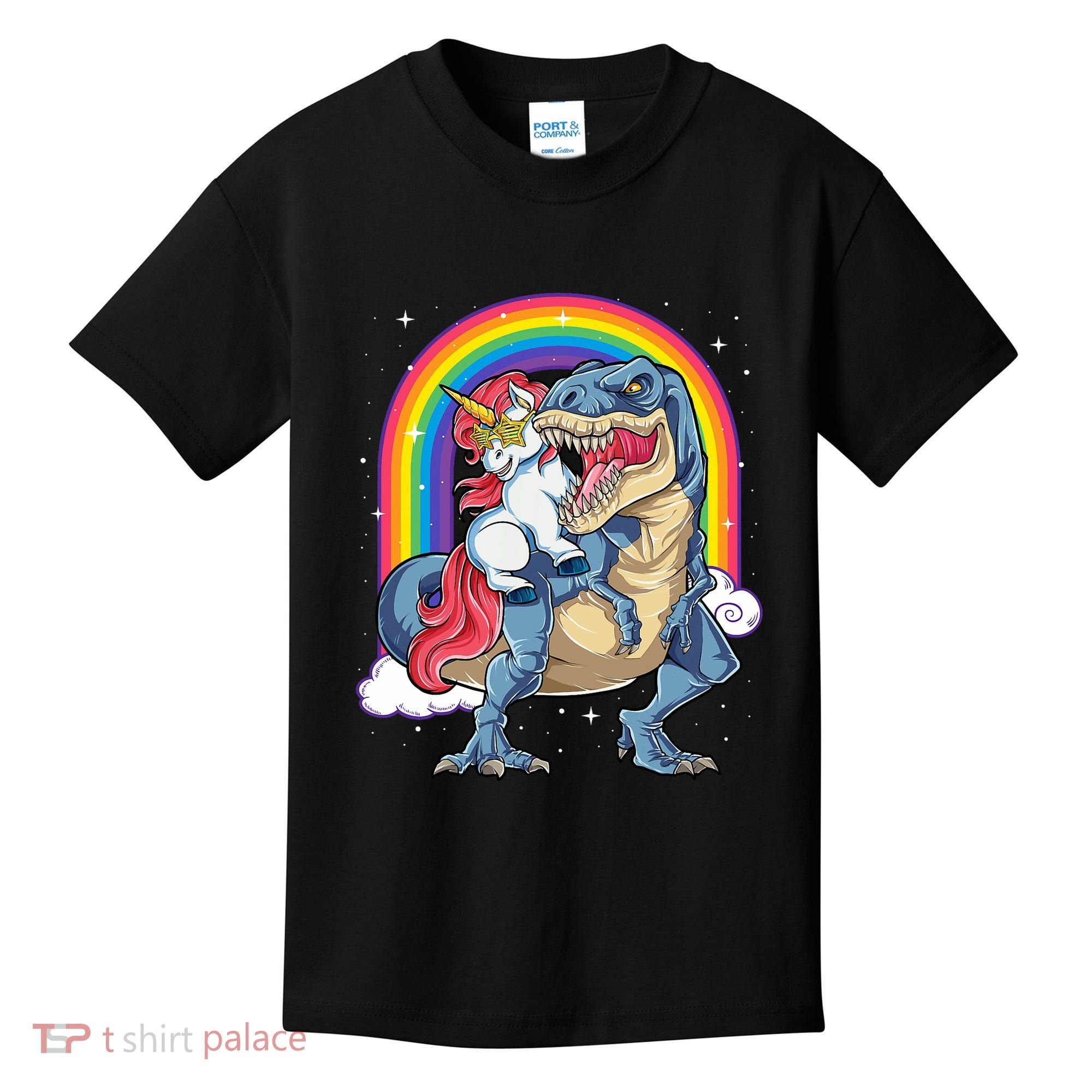 Unicorn Riding T Rex Dinosaur Rainbow Kids T-Shirt