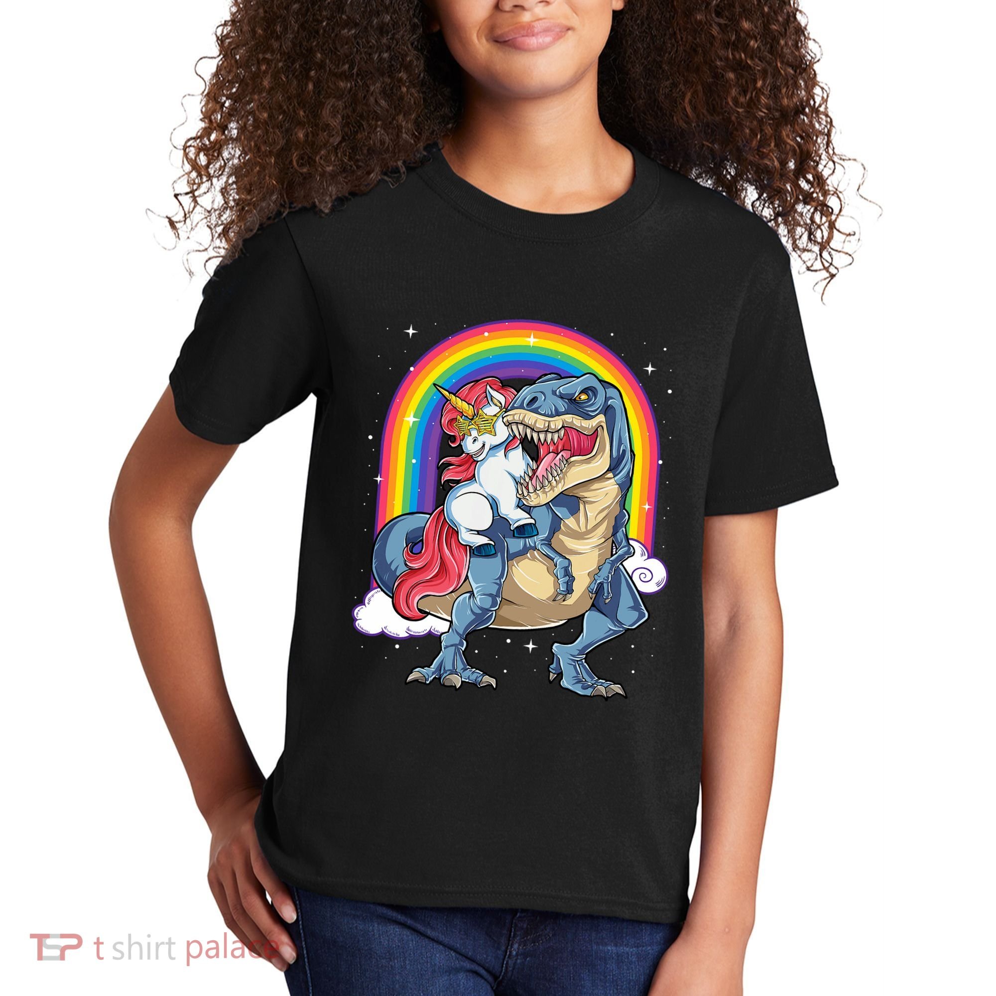 Unicorn Riding T Rex Dinosaur Rainbow Kids T-Shirt