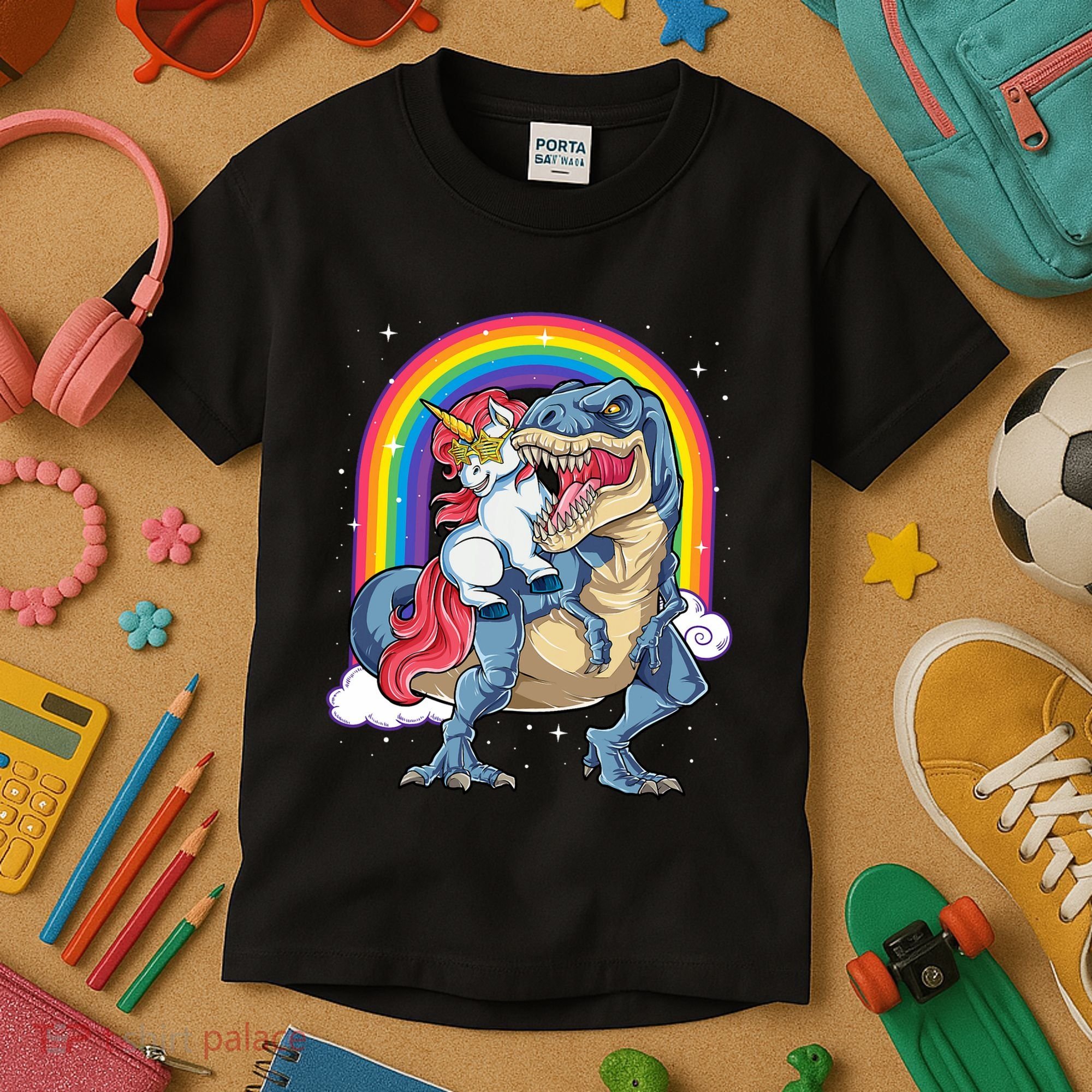 Unicorn Riding T Rex Dinosaur Rainbow Kids T-Shirt