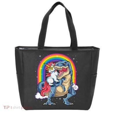 Unicorn Riding T Rex Dinosaur Rainbow Tote Bag