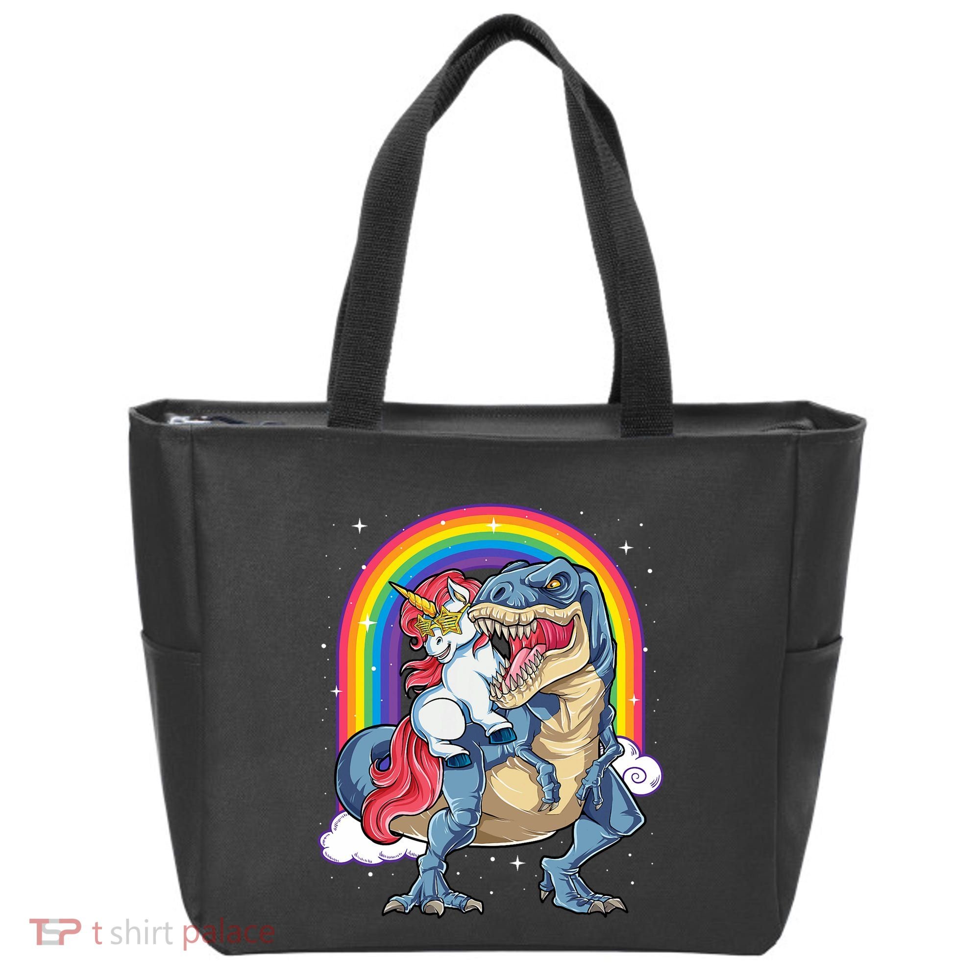 Unicorn Riding T Rex Dinosaur Rainbow Tote Bag