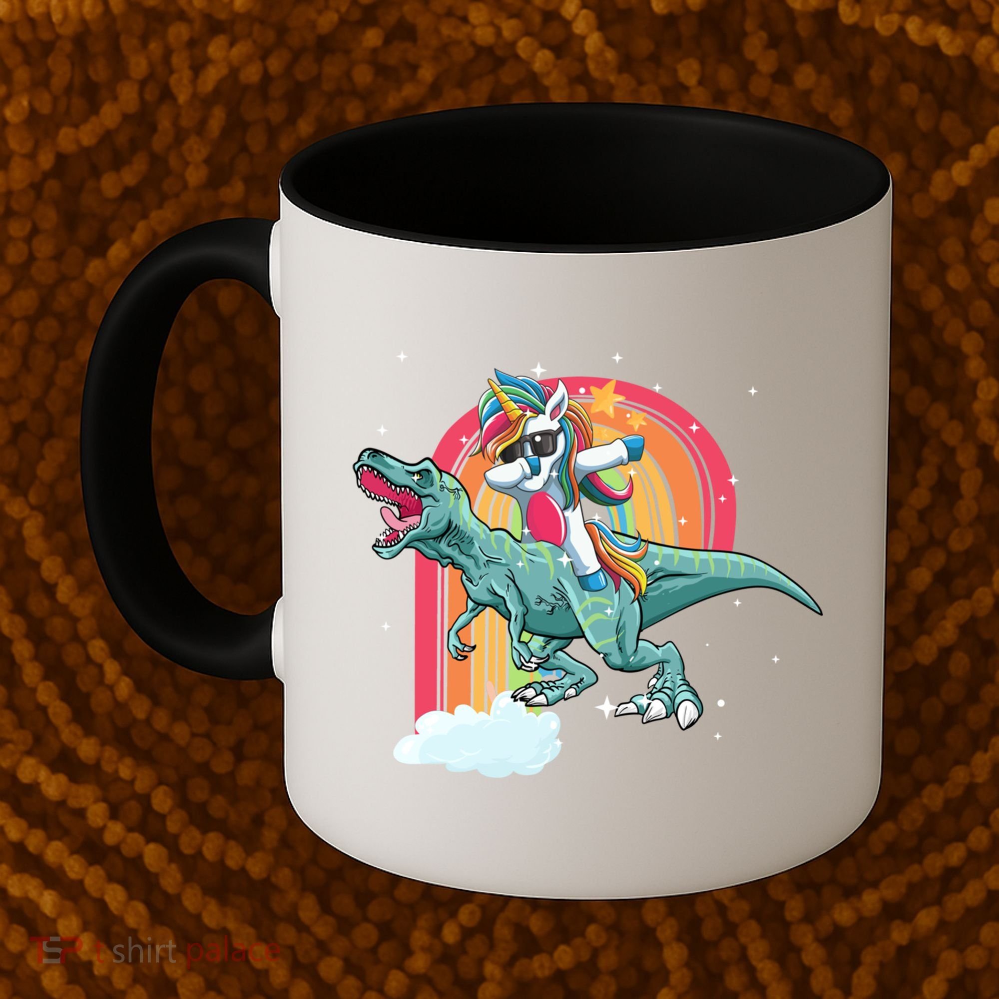 Unicorn Riding T Rex Dinosaur Rainbow Cool Gift Coffee Mug